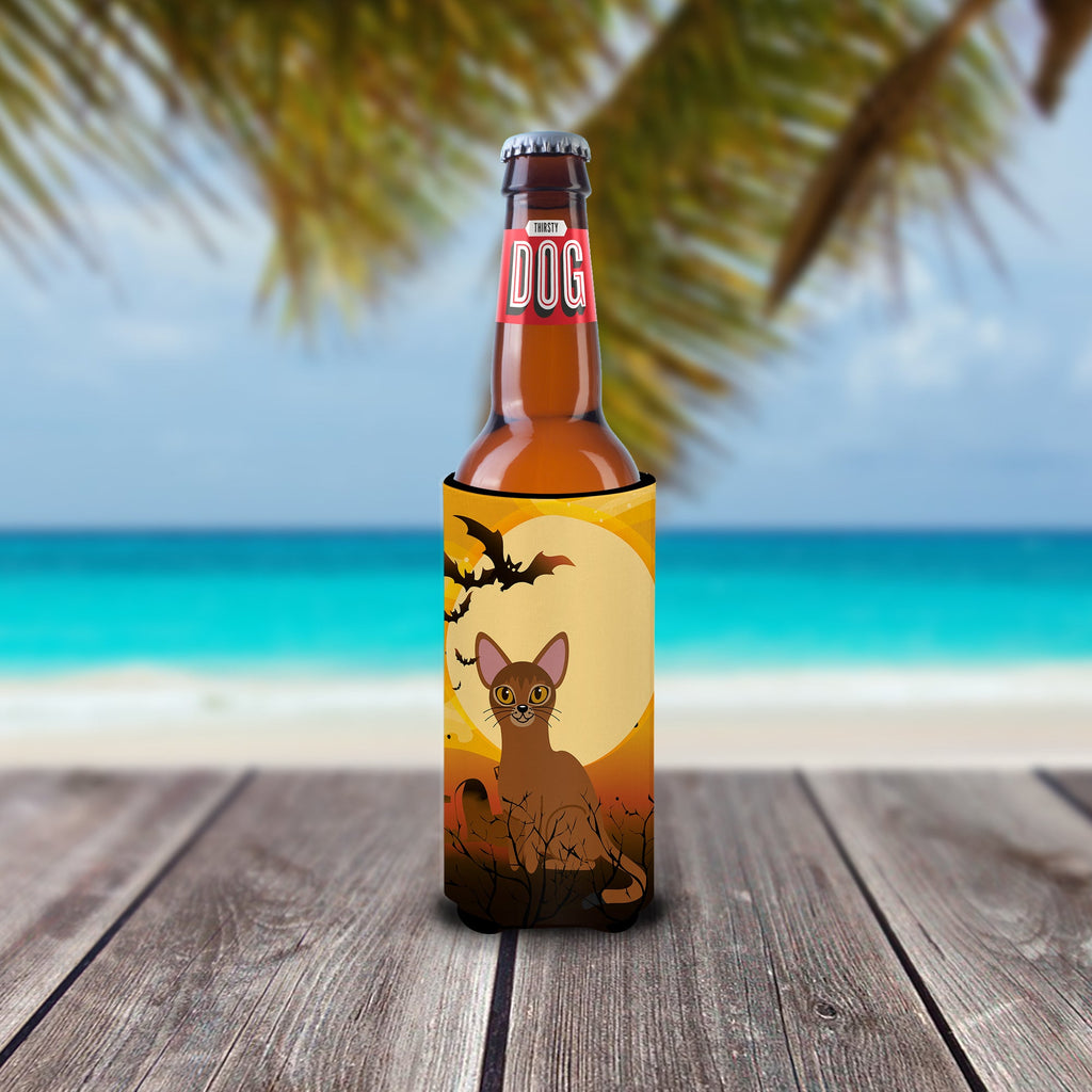 Halloween Abyssinian Cat Slim Can Hugger , Insulated Foam Hugger for 12 oz Slim Cans, Beer Bottles & Water Bottles, Printed in USA
