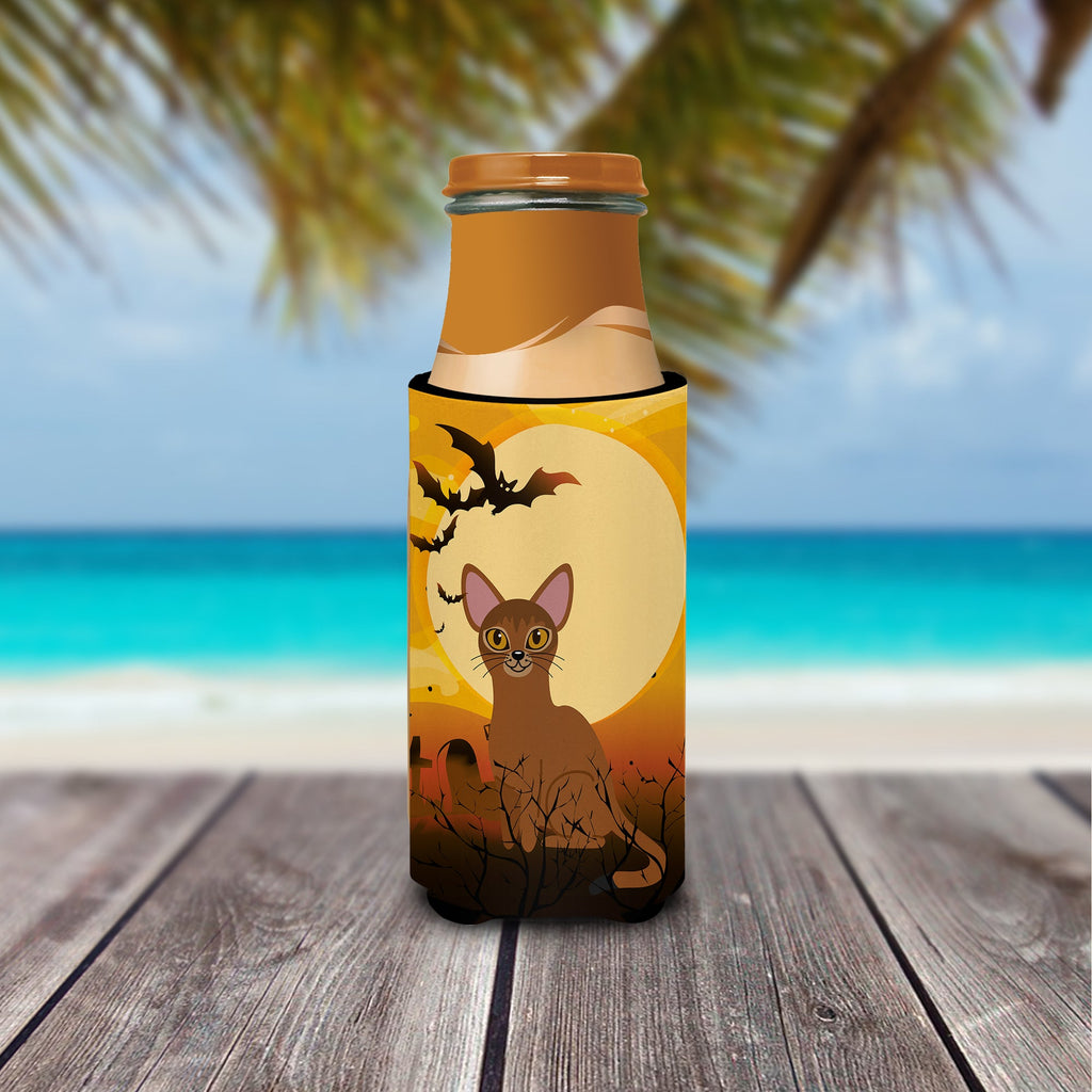 Halloween Abyssinian Cat Slim Can Hugger , Insulated Foam Hugger for 12 oz Slim Cans, Beer Bottles & Water Bottles, Printed in USA