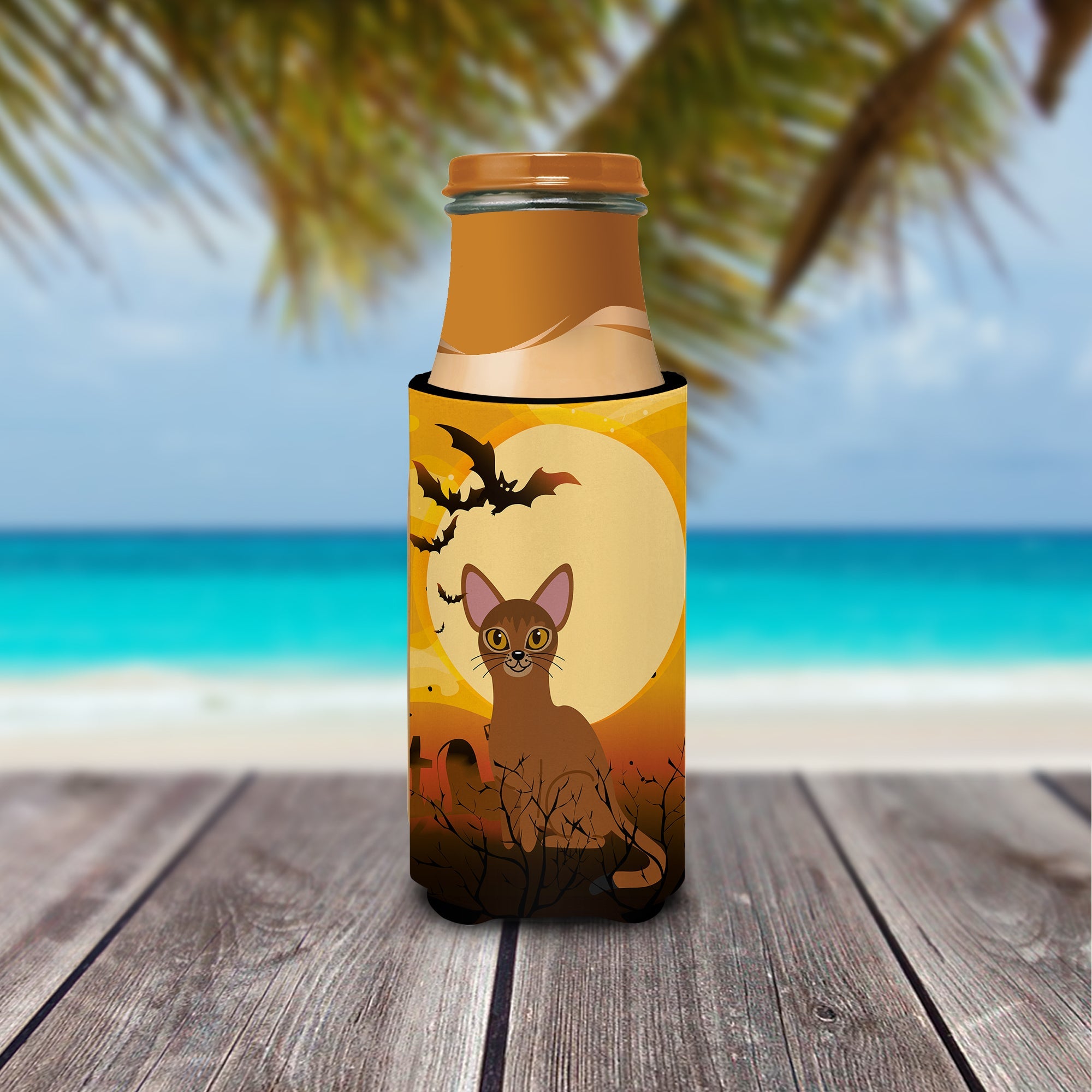 Halloween Abyssinian Cat Slim Can Hugger , Insulated Foam Hugger for 12 oz Slim Cans, Beer Bottles & Water Bottles, Printed in USA