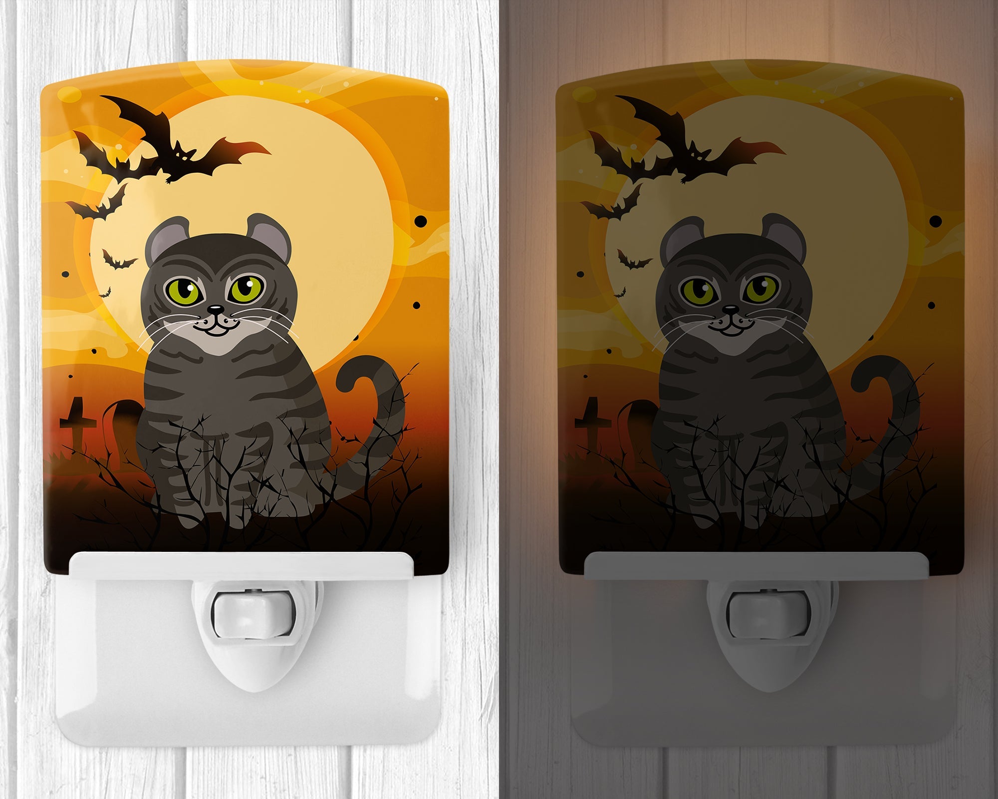 Halloween American Curl Cat Ceramic Night Light Compact, UL-Certified, Ideal for Bedroom, Bathroom, Nursery, Hallway, Kitchen, 6x4x3, Multicolor