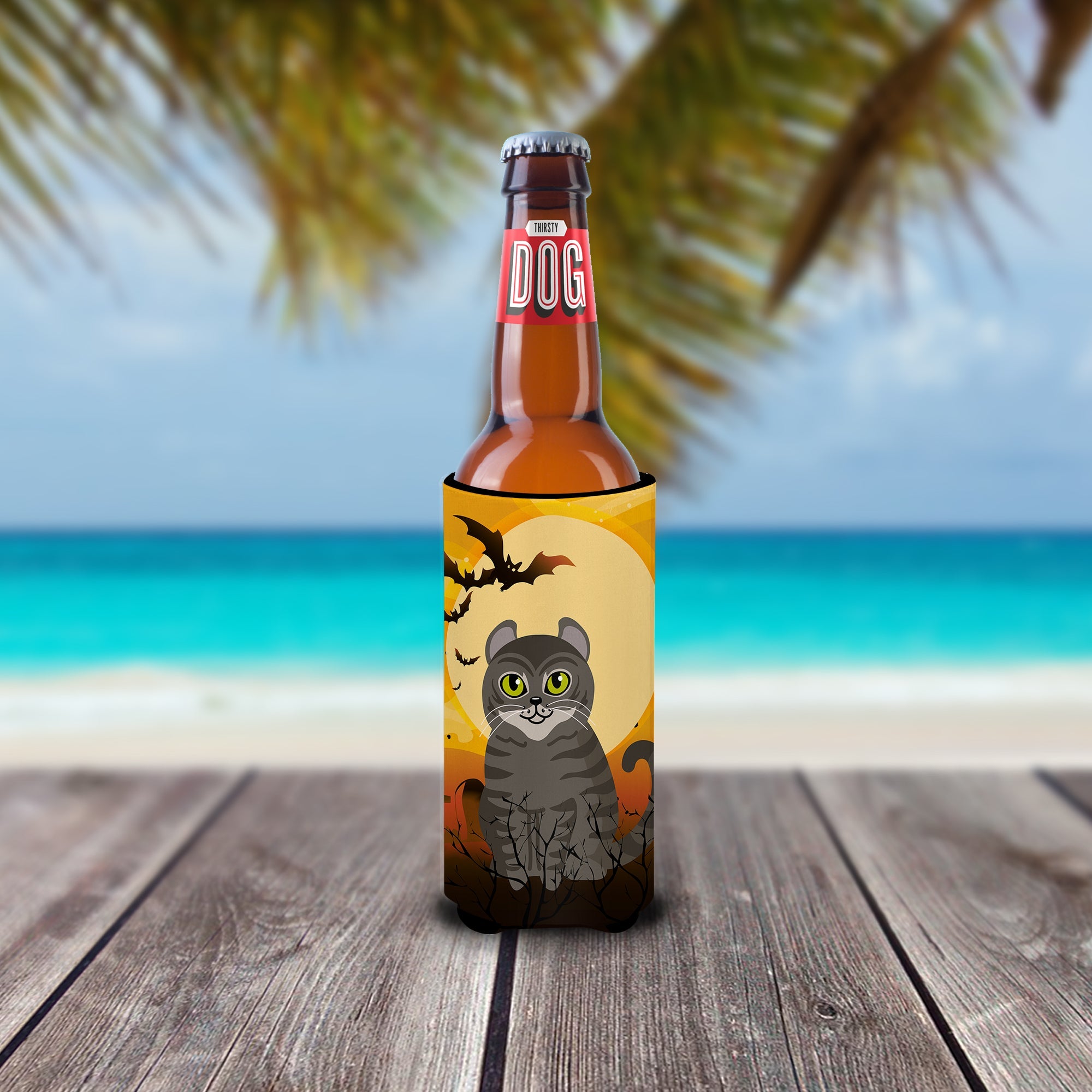 Halloween American Curl Cat Slim Can Hugger , Insulated Foam Hugger for 12 oz Slim Cans, Beer Bottles & Water Bottles, Printed in USA