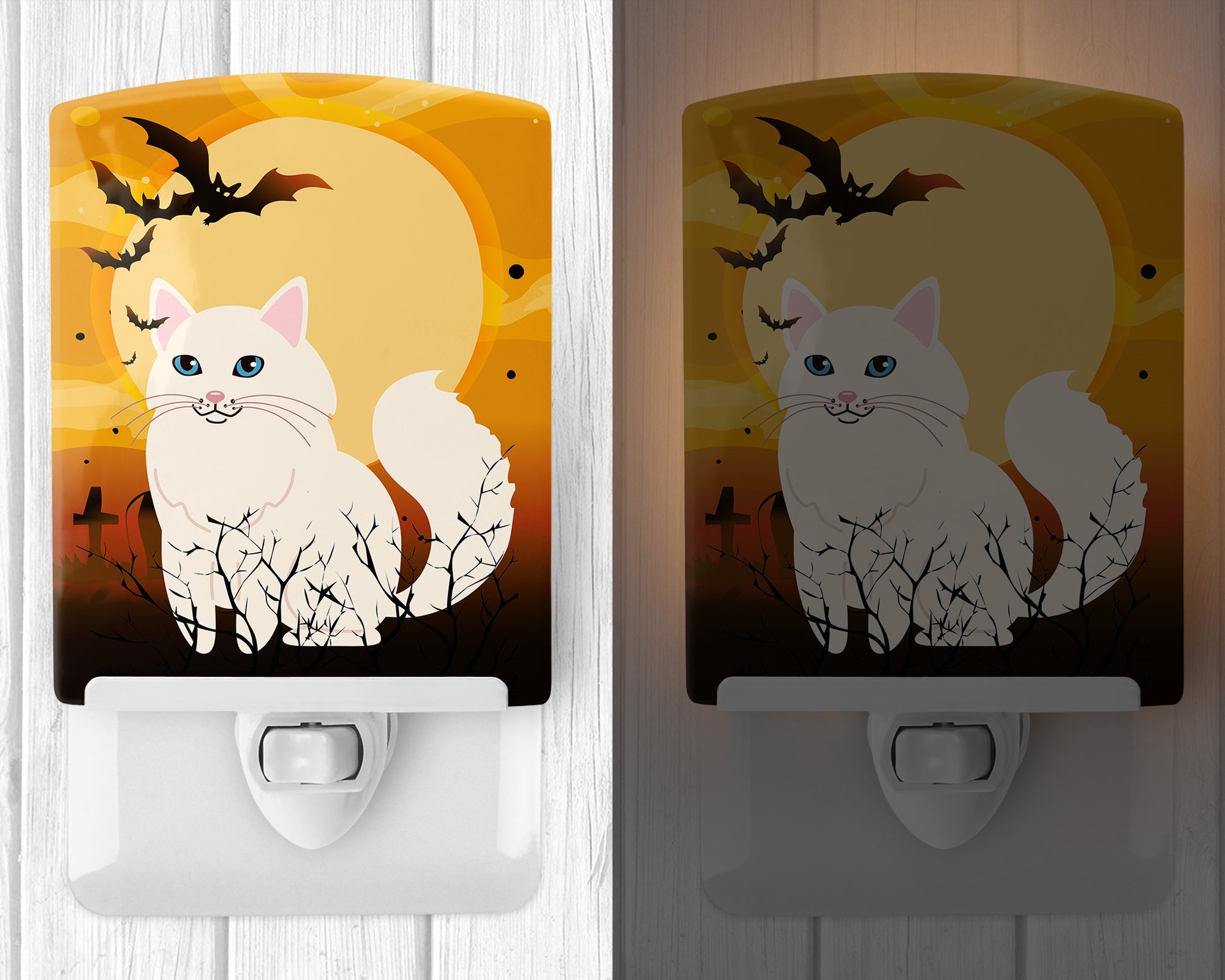 Halloween Turkish Angora Cat Ceramic Night Light Compact, UL-Certified, Ideal for Bedroom, Bathroom, Nursery, Hallway, Kitchen, 6x4x3, Multicolor