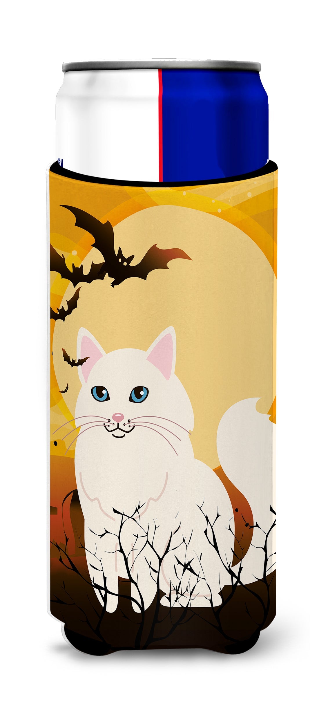 Halloween Turkish Angora Cat Slim Can Hugger , Insulated Foam Hugger for 12 oz Slim Cans, Beer Bottles & Water Bottles, Printed in USA