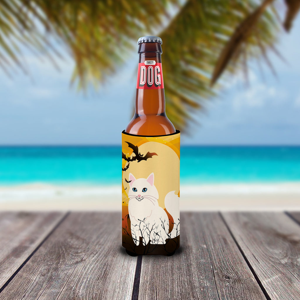 Halloween Turkish Angora Cat Slim Can Hugger , Insulated Foam Hugger for 12 oz Slim Cans, Beer Bottles & Water Bottles, Printed in USA