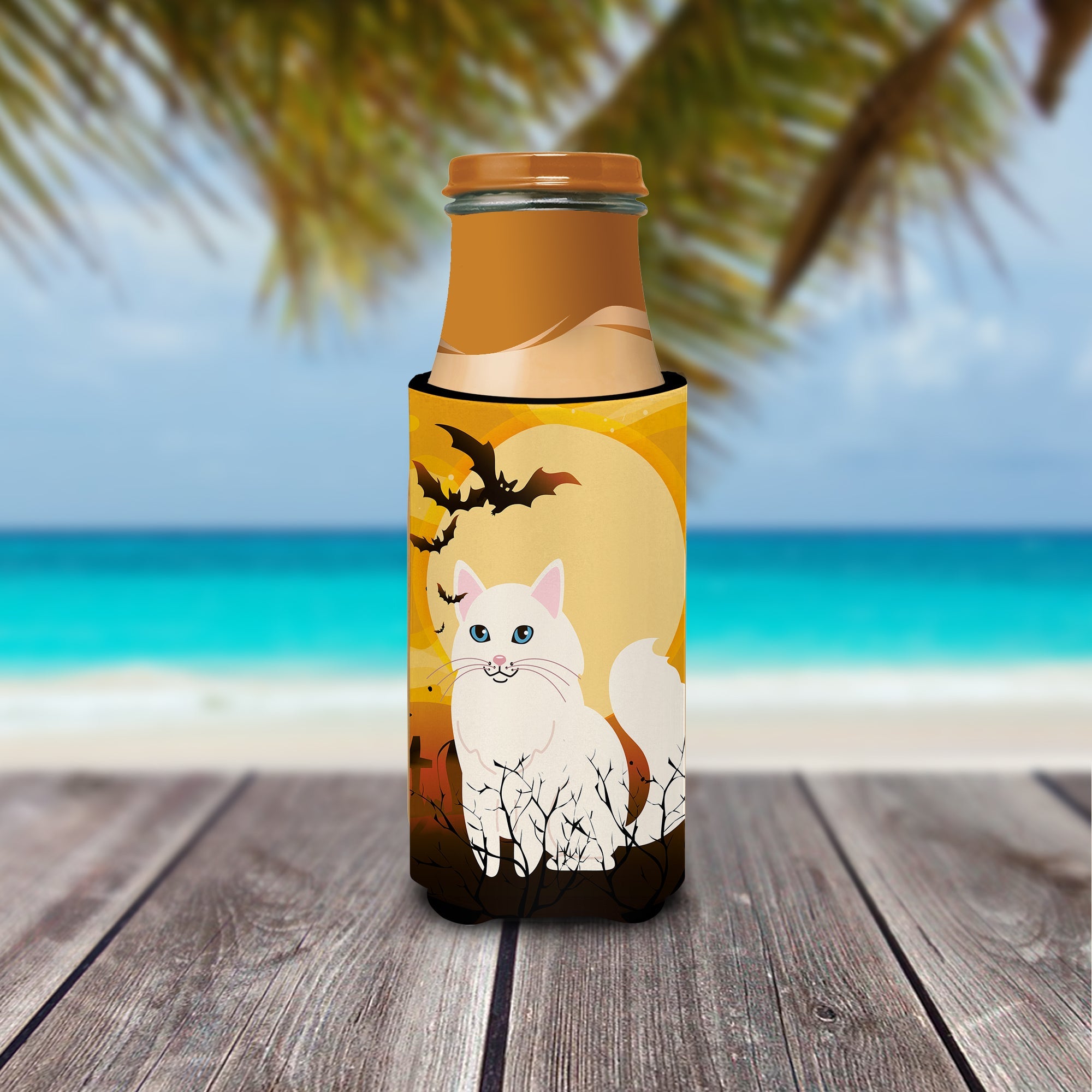 Halloween Turkish Angora Cat Slim Can Hugger , Insulated Foam Hugger for 12 oz Slim Cans, Beer Bottles & Water Bottles, Printed in USA