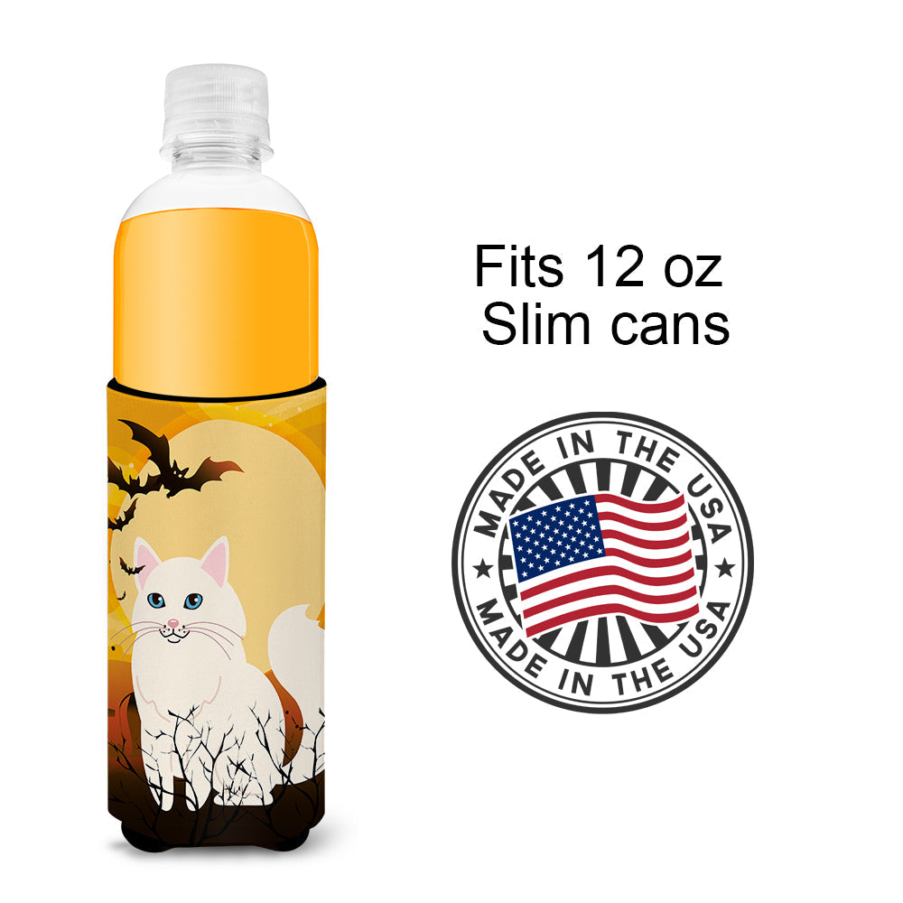 Halloween Turkish Angora Cat Slim Can Hugger , Insulated Foam Hugger for 12 oz Slim Cans, Beer Bottles & Water Bottles, Printed in USA
