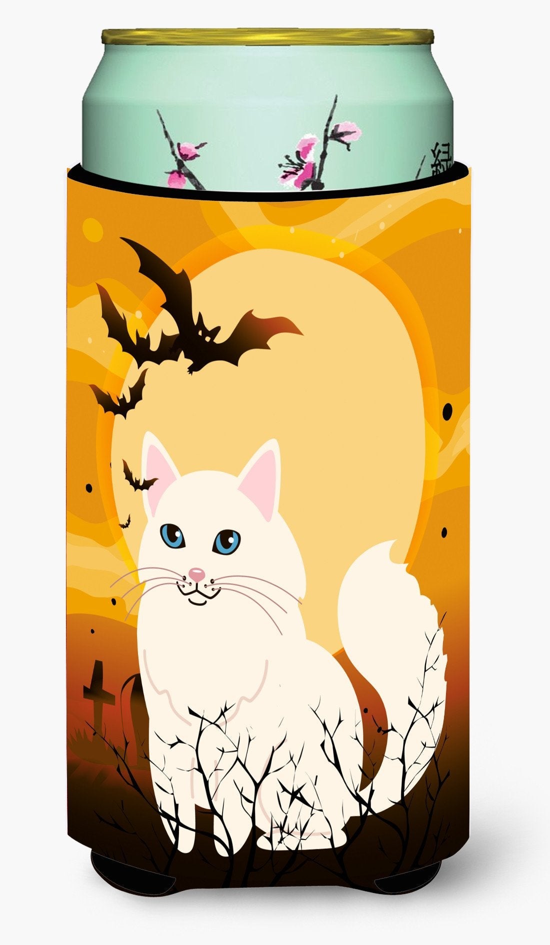 Halloween Turkish Angora Cat Tall Boy Hugger Can Cooler Sleeve Machine Washable Drink Collapsible Insulator Beverage Insulated Holder