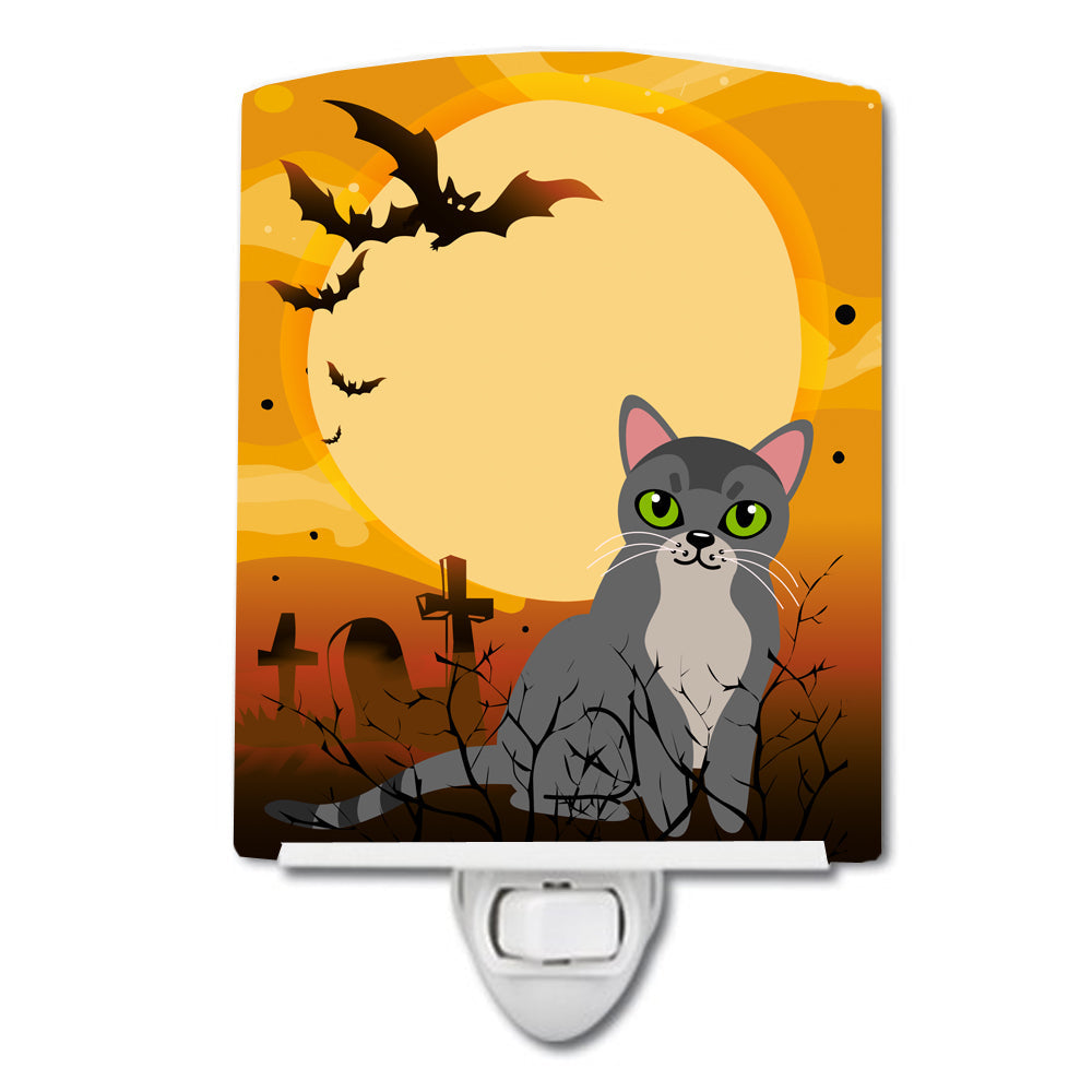 Halloween Asian Cat Ceramic Night Light Compact, UL-Certified, Ideal for Bedroom, Bathroom, Nursery, Hallway, Kitchen, 6x4x3, Multicolor
