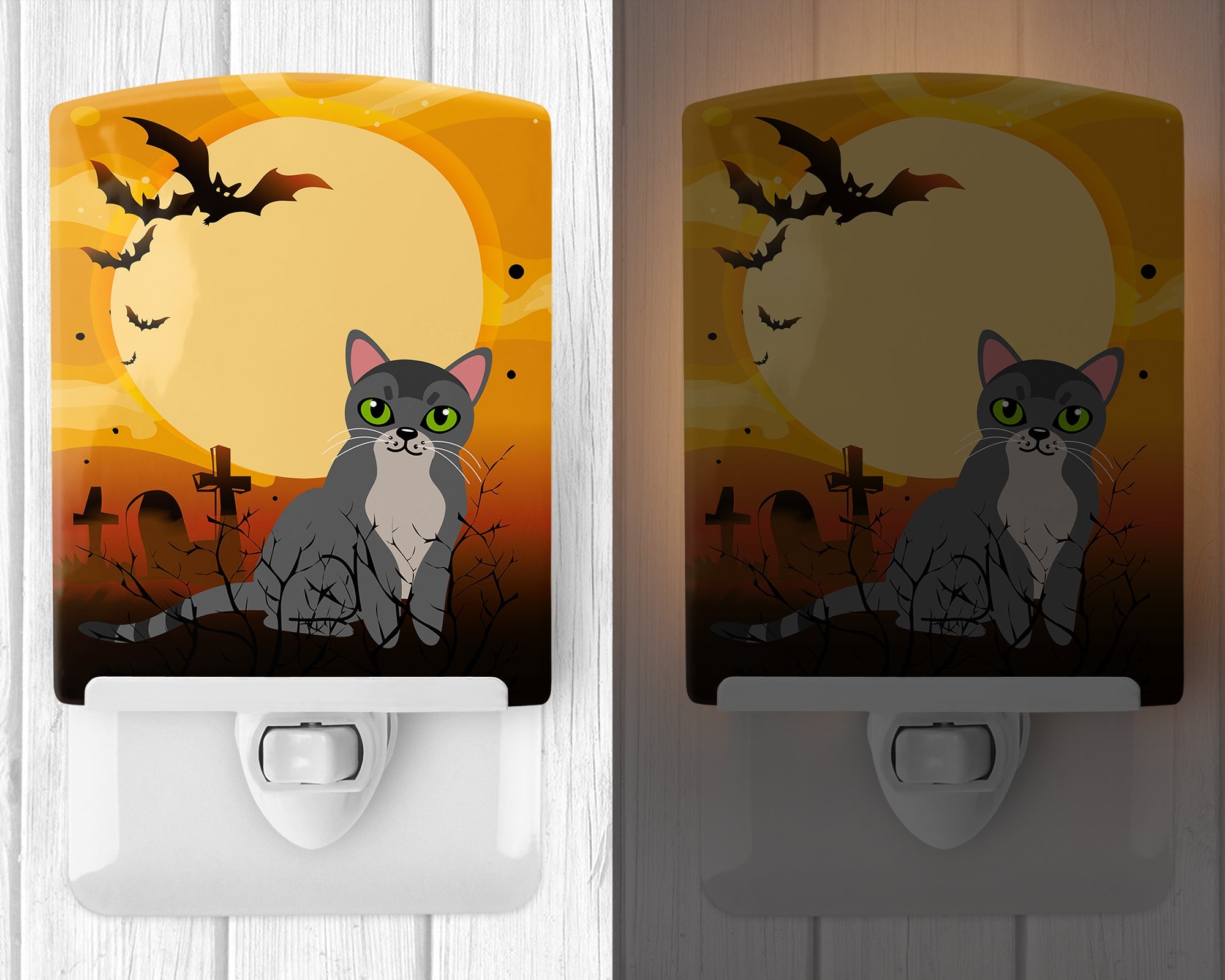 Halloween Asian Cat Ceramic Night Light Compact, UL-Certified, Ideal for Bedroom, Bathroom, Nursery, Hallway, Kitchen, 6x4x3, Multicolor
