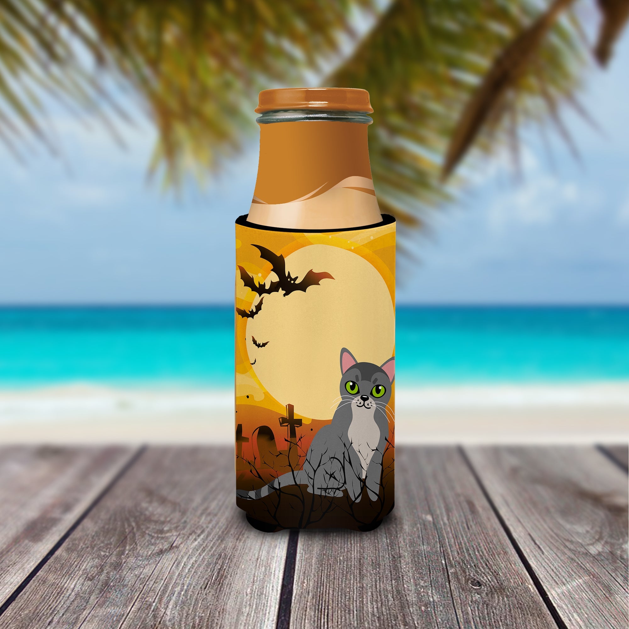 Halloween Asian Cat Slim Can Hugger , Insulated Foam Hugger for 12 oz Slim Cans, Beer Bottles & Water Bottles, Printed in USA