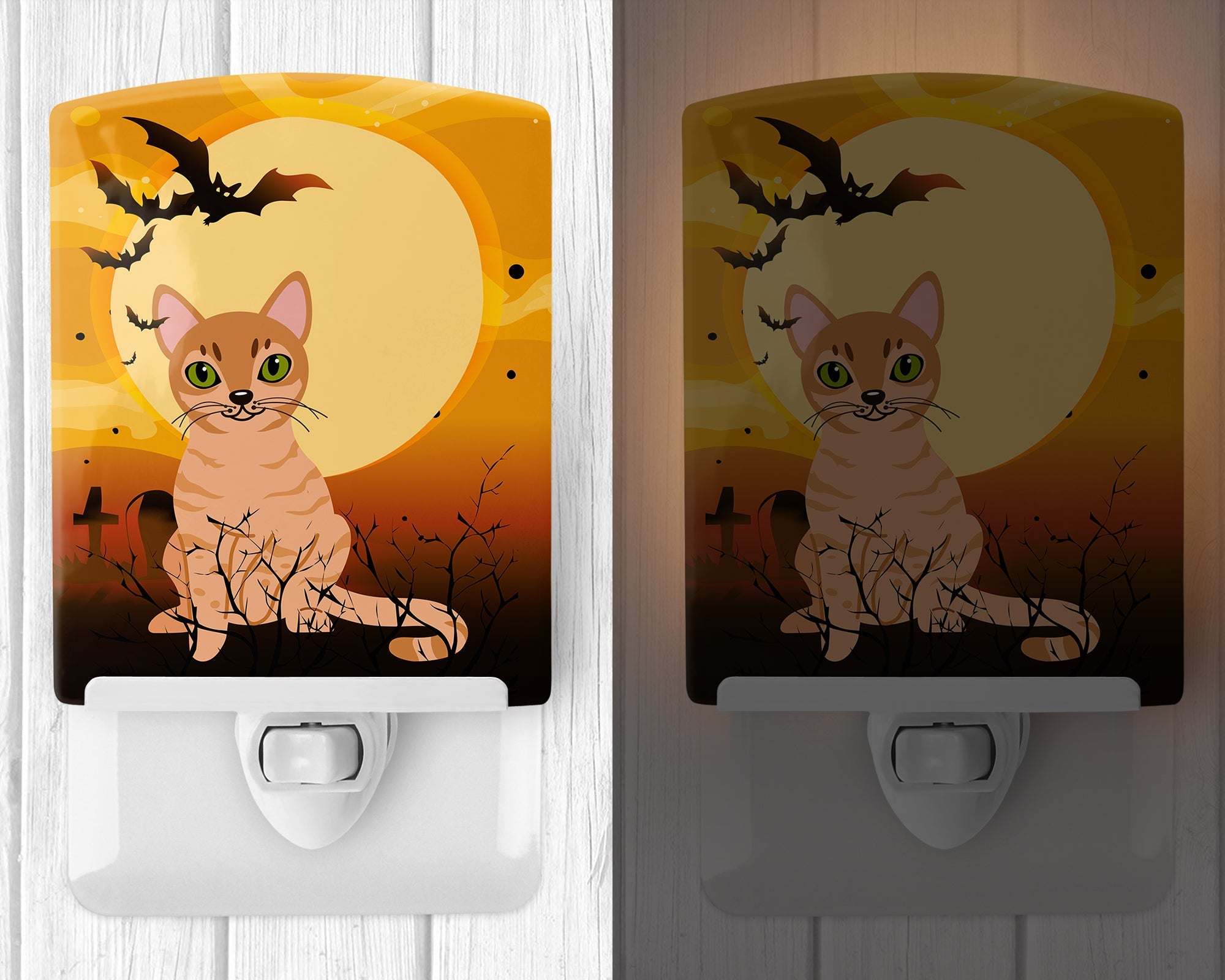 Halloween Australian Mist Cat Ceramic Night Light Compact, UL-Certified, Ideal for Bedroom, Bathroom, Nursery, Hallway, Kitchen, 6x4x3, Multicolor