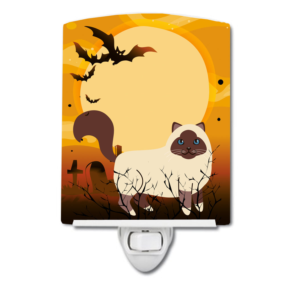 Halloween Birman Cat Ceramic Night Light Compact, UL-Certified, Ideal for Bedroom, Bathroom, Nursery, Hallway, Kitchen, 6x4x3, Multicolor