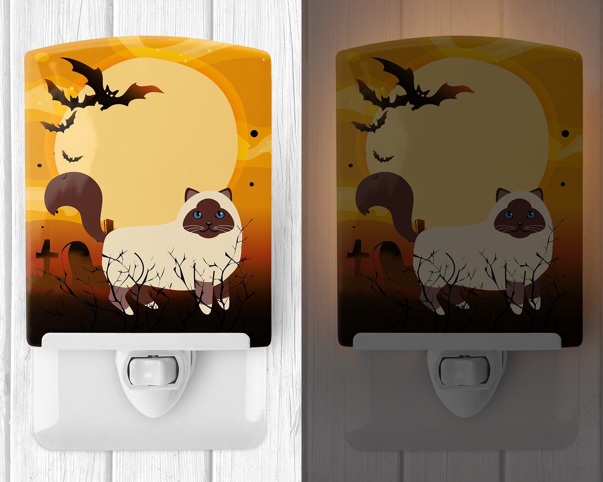 Halloween Birman Cat Ceramic Night Light Compact, UL-Certified, Ideal for Bedroom, Bathroom, Nursery, Hallway, Kitchen, 6x4x3, Multicolor