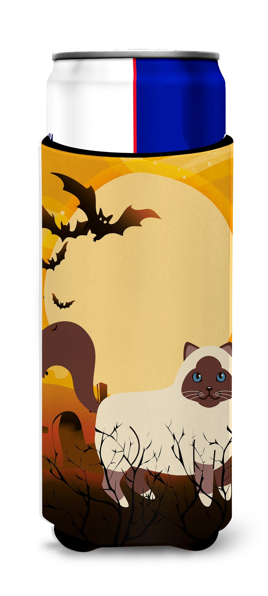 Halloween Birman Cat Slim Can Hugger , Insulated Foam Hugger for 12 oz Slim Cans, Beer Bottles & Water Bottles, Printed in USA