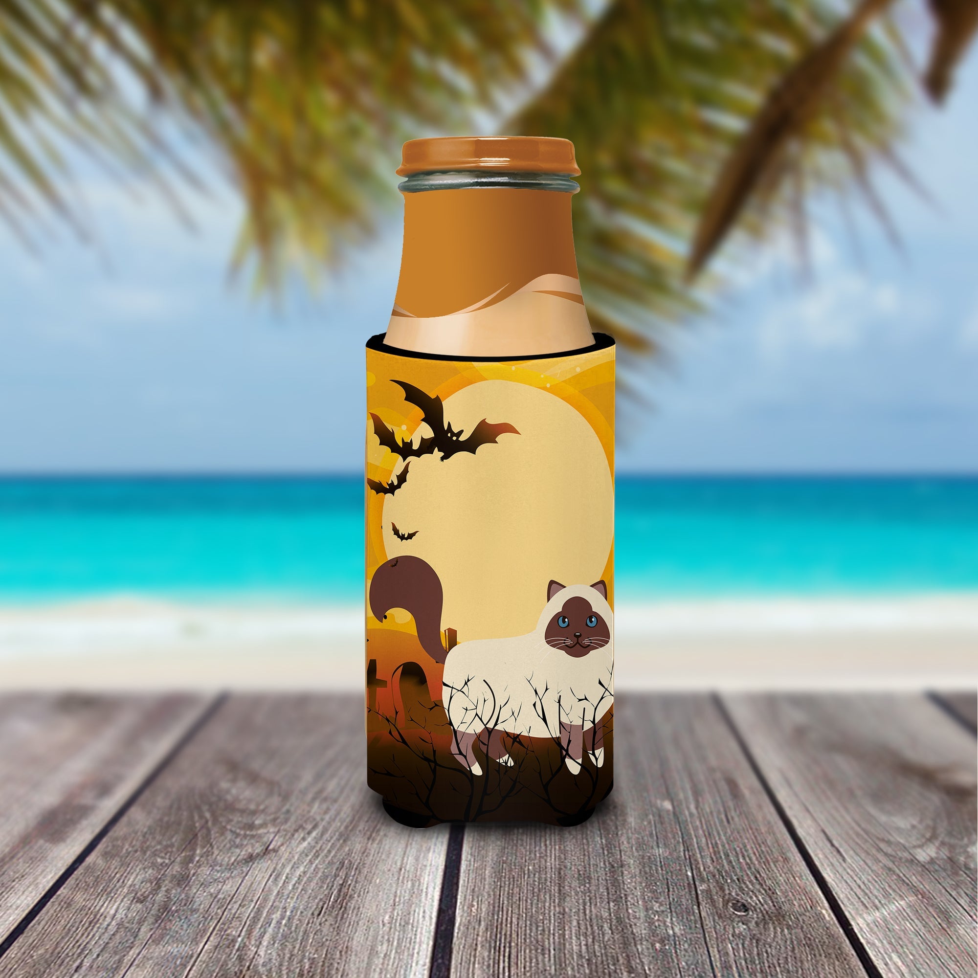 Halloween Birman Cat Slim Can Hugger , Insulated Foam Hugger for 12 oz Slim Cans, Beer Bottles & Water Bottles, Printed in USA