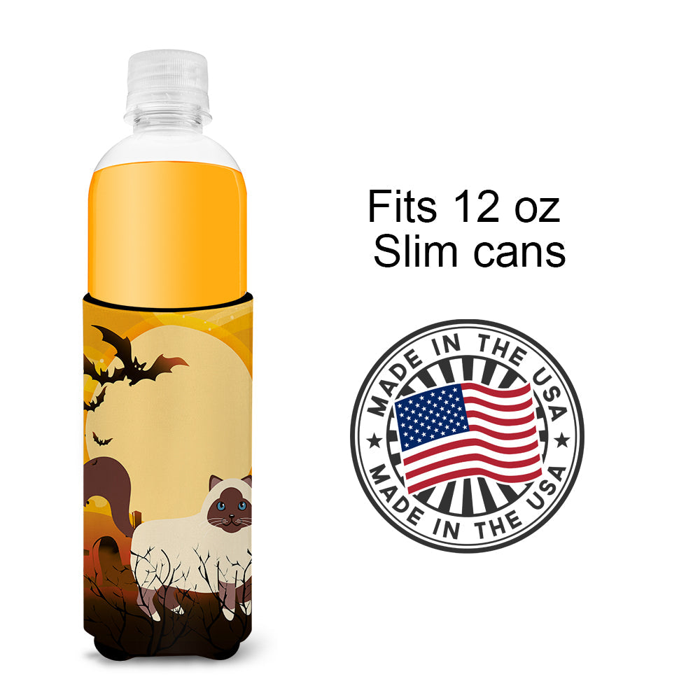 Halloween Birman Cat Slim Can Hugger , Insulated Foam Hugger for 12 oz Slim Cans, Beer Bottles & Water Bottles, Printed in USA