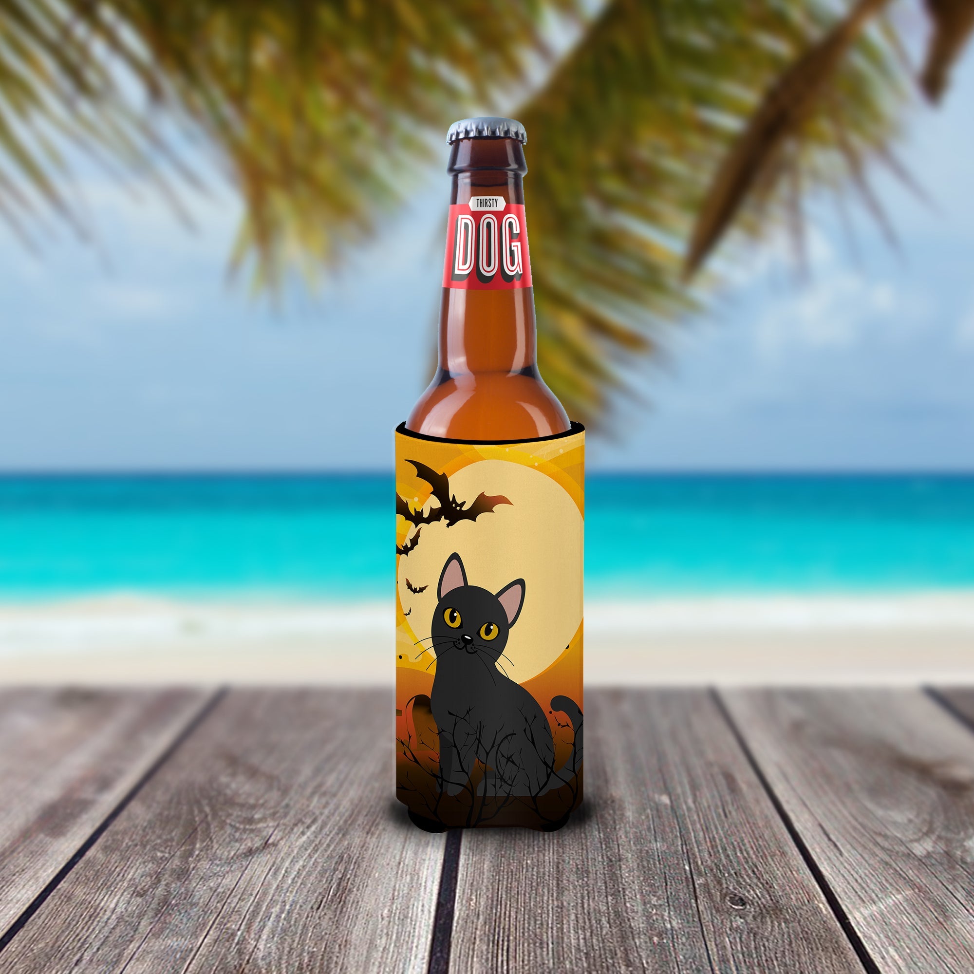 Halloween Bombay Cat Slim Can Hugger , Insulated Foam Hugger for 12 oz Slim Cans, Beer Bottles & Water Bottles, Printed in USA