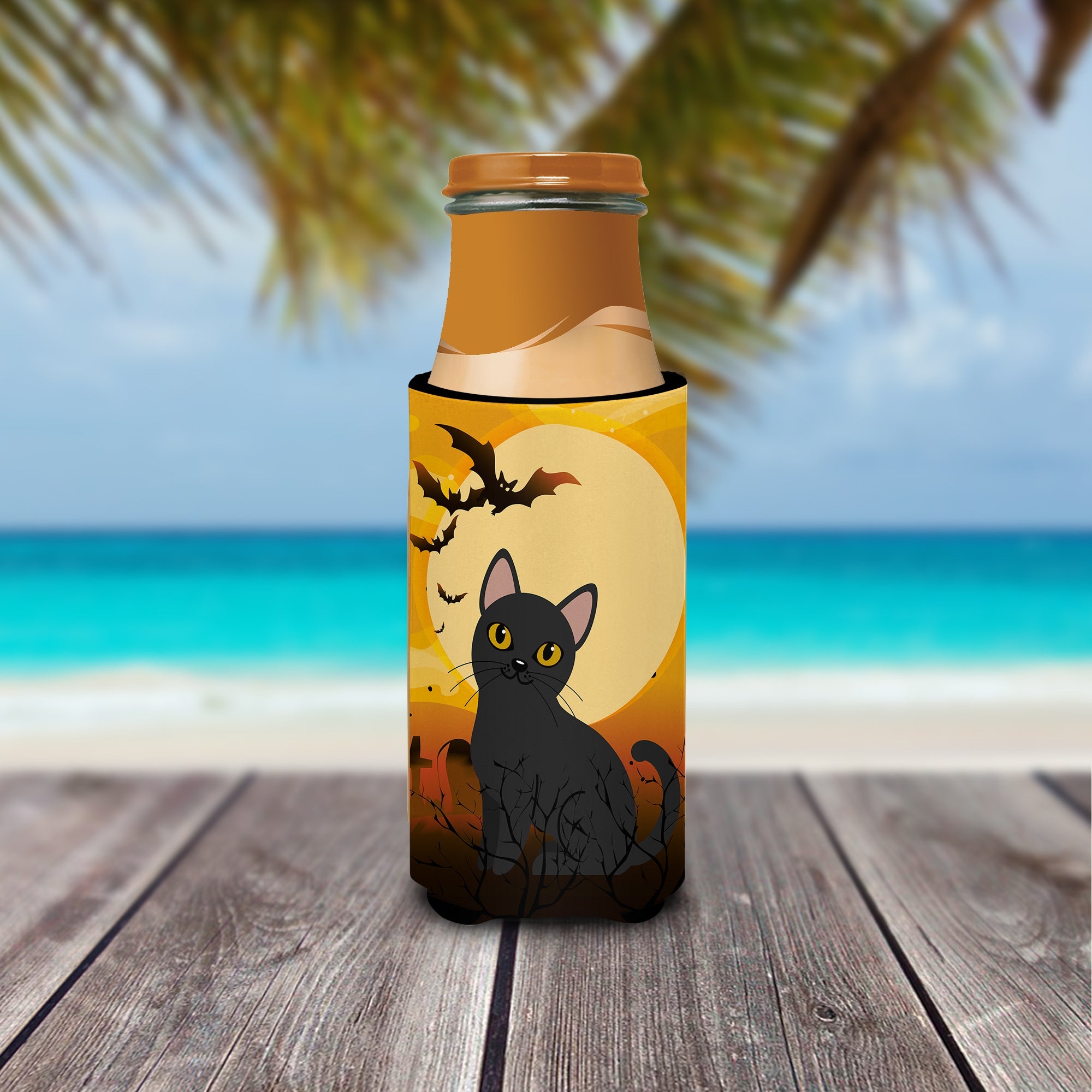 Halloween Bombay Cat Slim Can Hugger , Insulated Foam Hugger for 12 oz Slim Cans, Beer Bottles & Water Bottles, Printed in USA