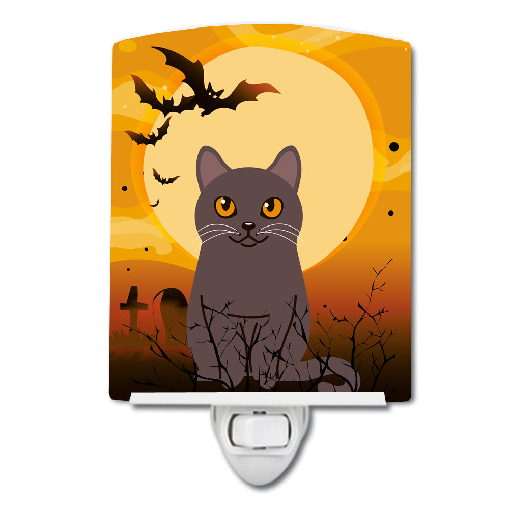 Halloween Chartreux Cat Ceramic Night Light Compact, UL-Certified, Ideal for Bedroom, Bathroom, Nursery, Hallway, Kitchen, 6x4x3, Multicolor