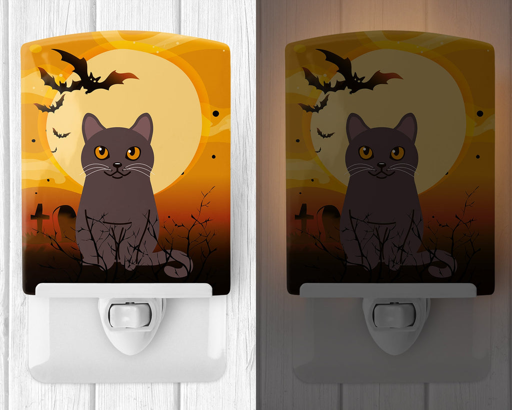 Halloween Chartreux Cat Ceramic Night Light Compact, UL-Certified, Ideal for Bedroom, Bathroom, Nursery, Hallway, Kitchen, 6x4x3, Multicolor