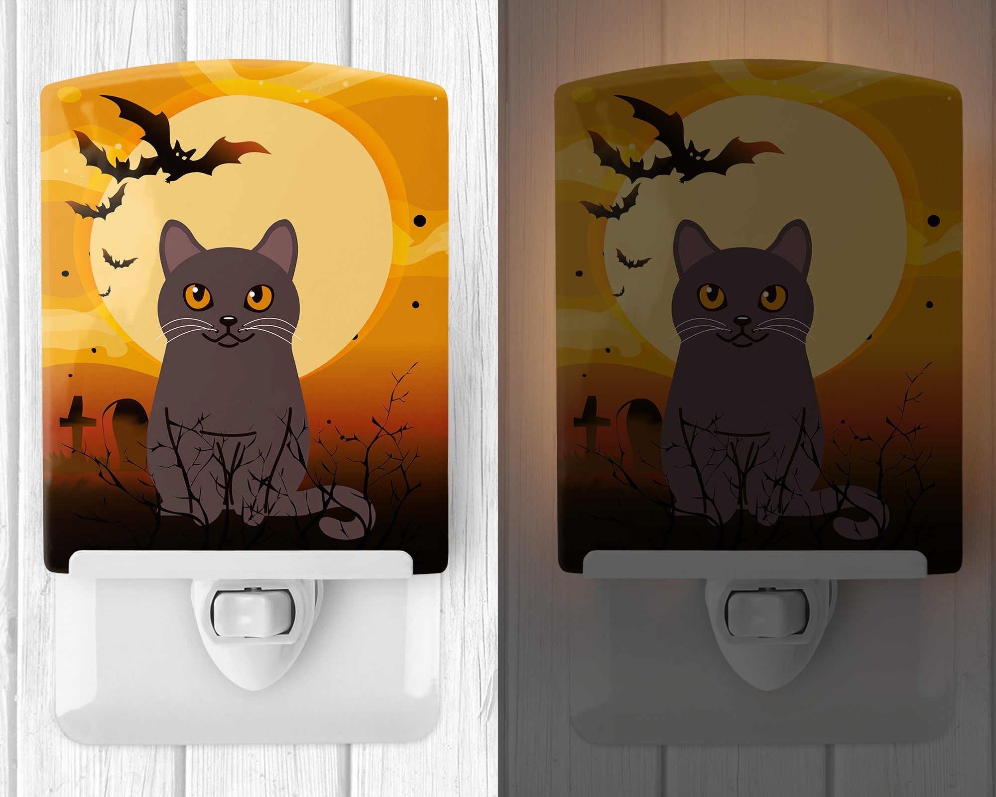 Halloween Chartreux Cat Ceramic Night Light Compact, UL-Certified, Ideal for Bedroom, Bathroom, Nursery, Hallway, Kitchen, 6x4x3, Multicolor