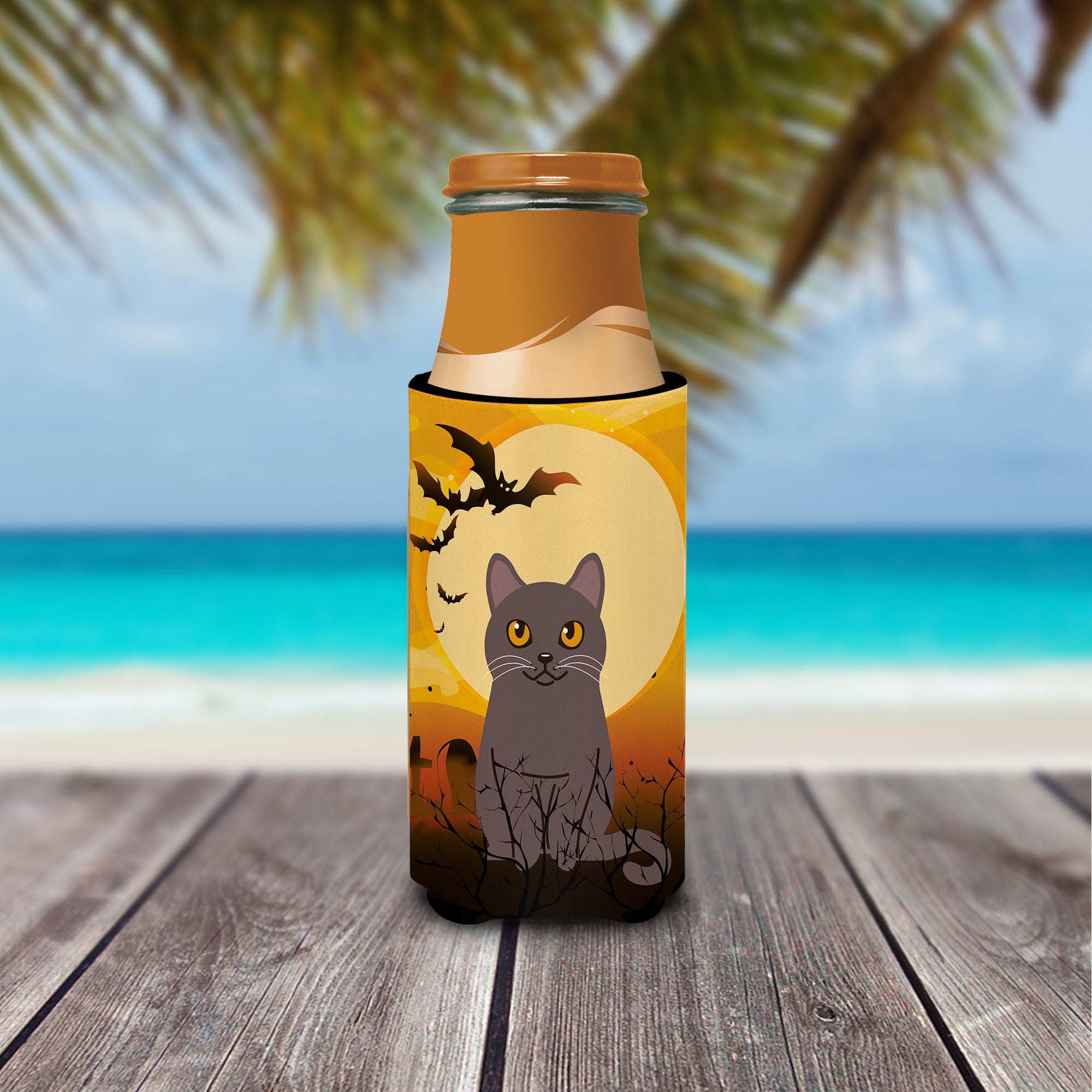 Halloween Chartreux Cat Slim Can Hugger , Insulated Foam Hugger for 12 oz Slim Cans, Beer Bottles & Water Bottles, Printed in USA