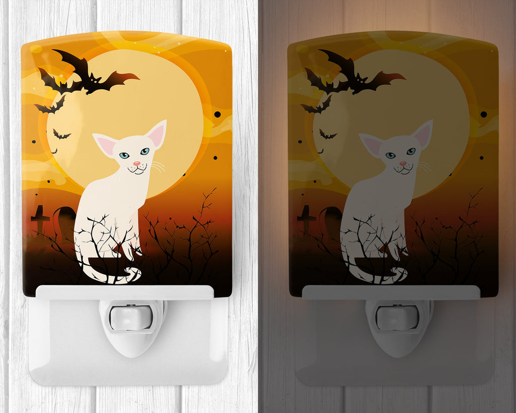 Halloween Foreign White Cat Ceramic Night Light Compact, UL-Certified, Ideal for Bedroom, Bathroom, Nursery, Hallway, Kitchen, 6x4x3, Multicolor