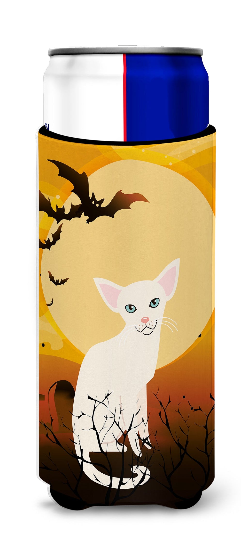 Halloween Foreign White Cat Slim Can Hugger , Insulated Foam Hugger for 12 oz Slim Cans, Beer Bottles & Water Bottles, Printed in USA