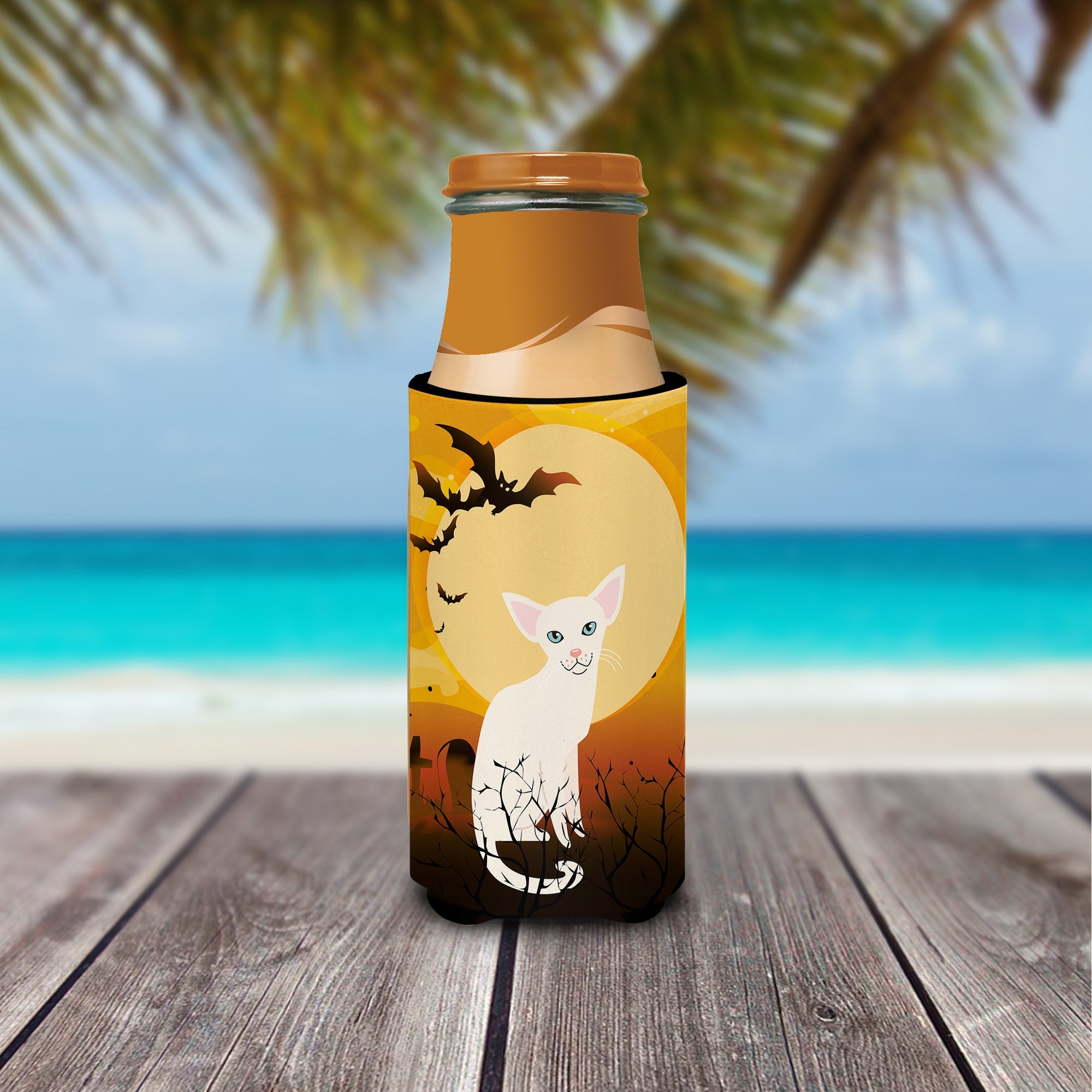 Halloween Foreign White Cat Slim Can Hugger , Insulated Foam Hugger for 12 oz Slim Cans, Beer Bottles & Water Bottles, Printed in USA