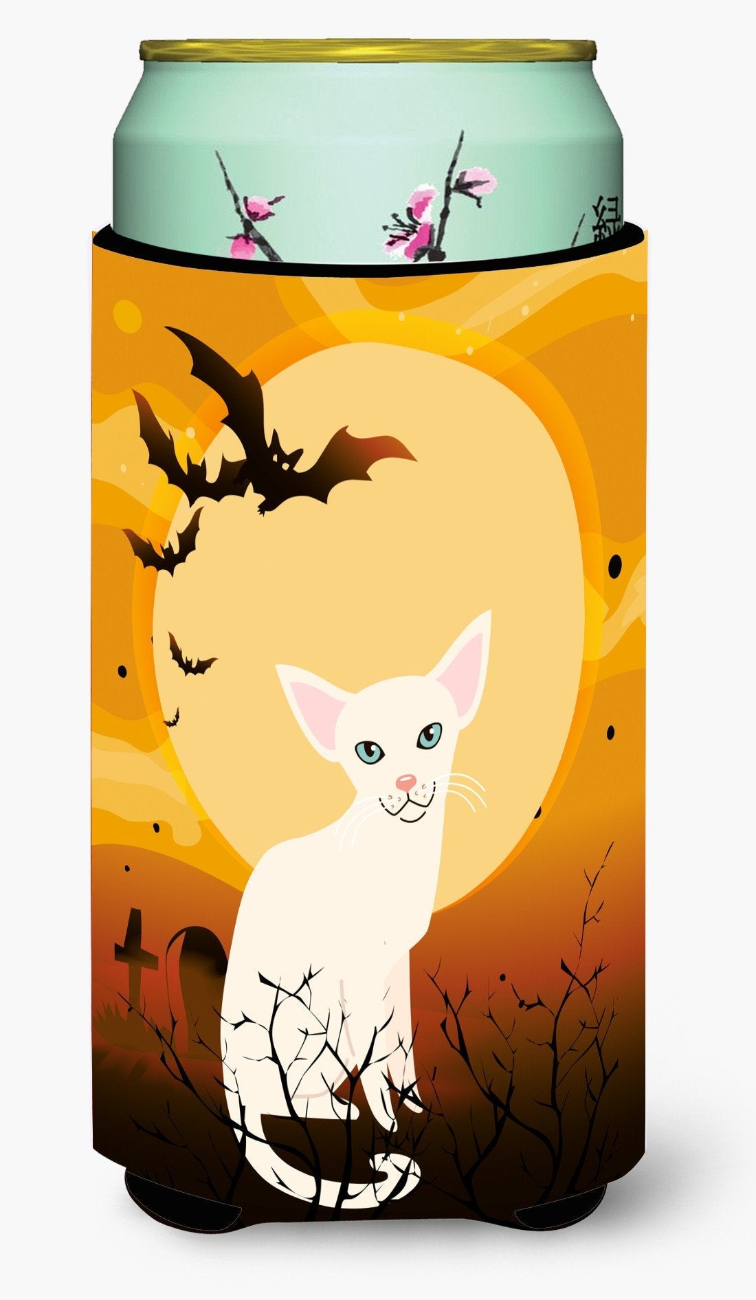 Halloween Foreign White Cat Tall Boy Hugger Can Cooler Sleeve Machine Washable Drink Collapsible Insulator Beverage Insulated Holder