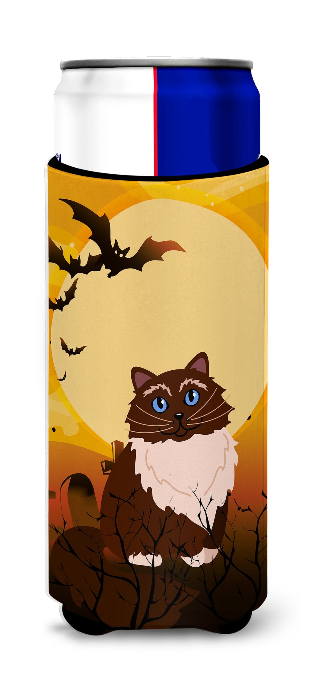Halloween Himalayan Cat Slim Can Hugger , Insulated Foam Hugger for 12 oz Slim Cans, Beer Bottles & Water Bottles, Printed in USA