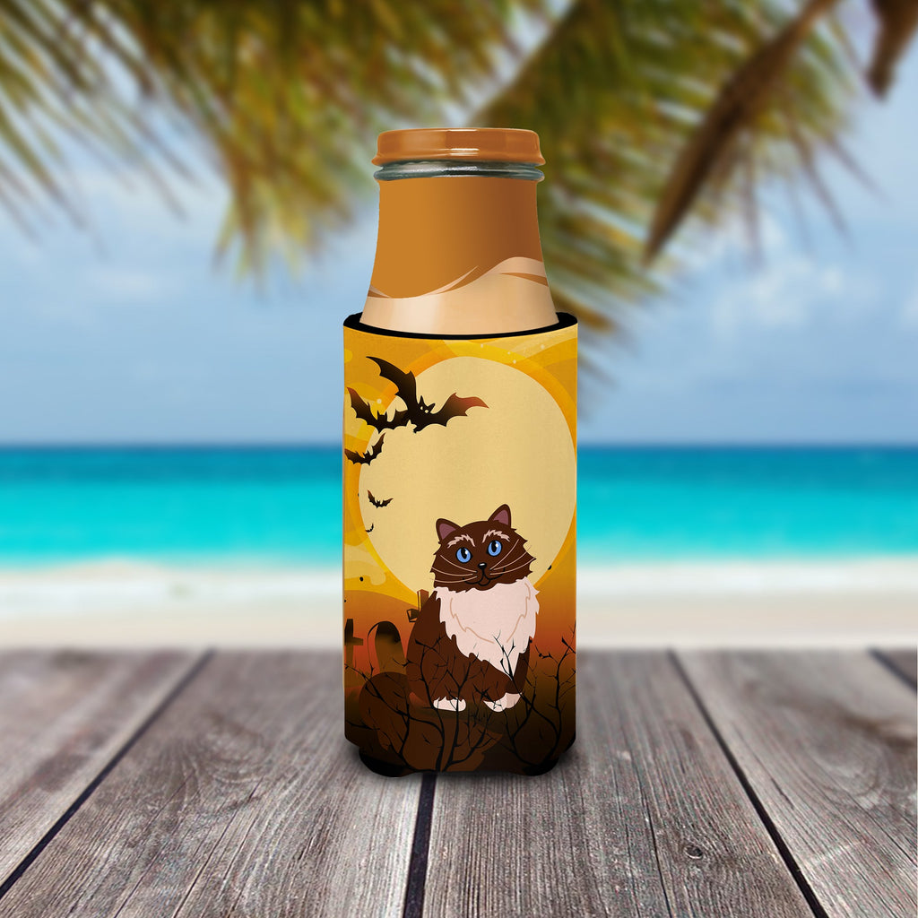 Halloween Himalayan Cat Slim Can Hugger , Insulated Foam Hugger for 12 oz Slim Cans, Beer Bottles & Water Bottles, Printed in USA