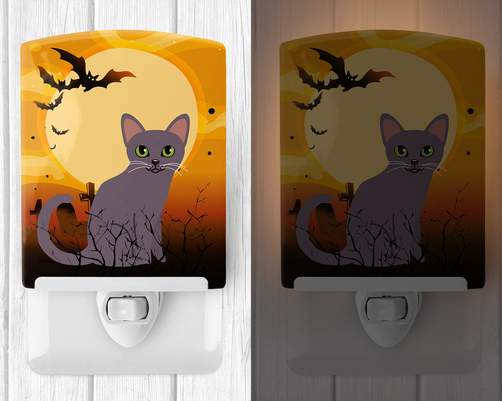 Halloween Korat Cat Ceramic Night Light Compact, UL-Certified, Ideal for Bedroom, Bathroom, Nursery, Hallway, Kitchen, 6x4x3, Multicolor