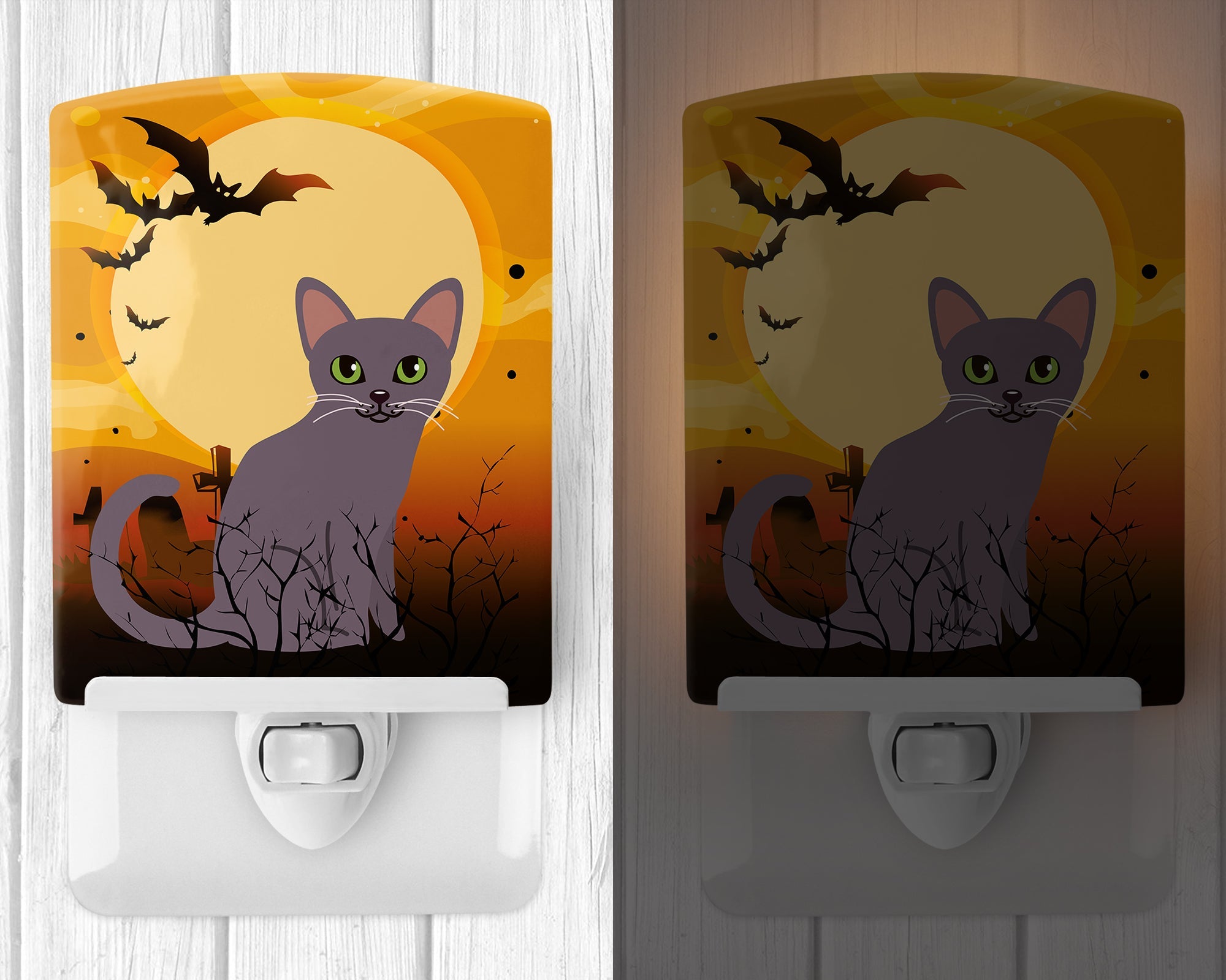 Halloween Korat Cat Ceramic Night Light Compact, UL-Certified, Ideal for Bedroom, Bathroom, Nursery, Hallway, Kitchen, 6x4x3, Multicolor