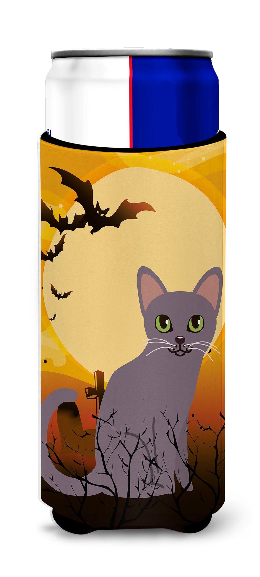Halloween Korat Cat Slim Can Hugger , Insulated Foam Hugger for 12 oz Slim Cans, Beer Bottles & Water Bottles, Printed in USA