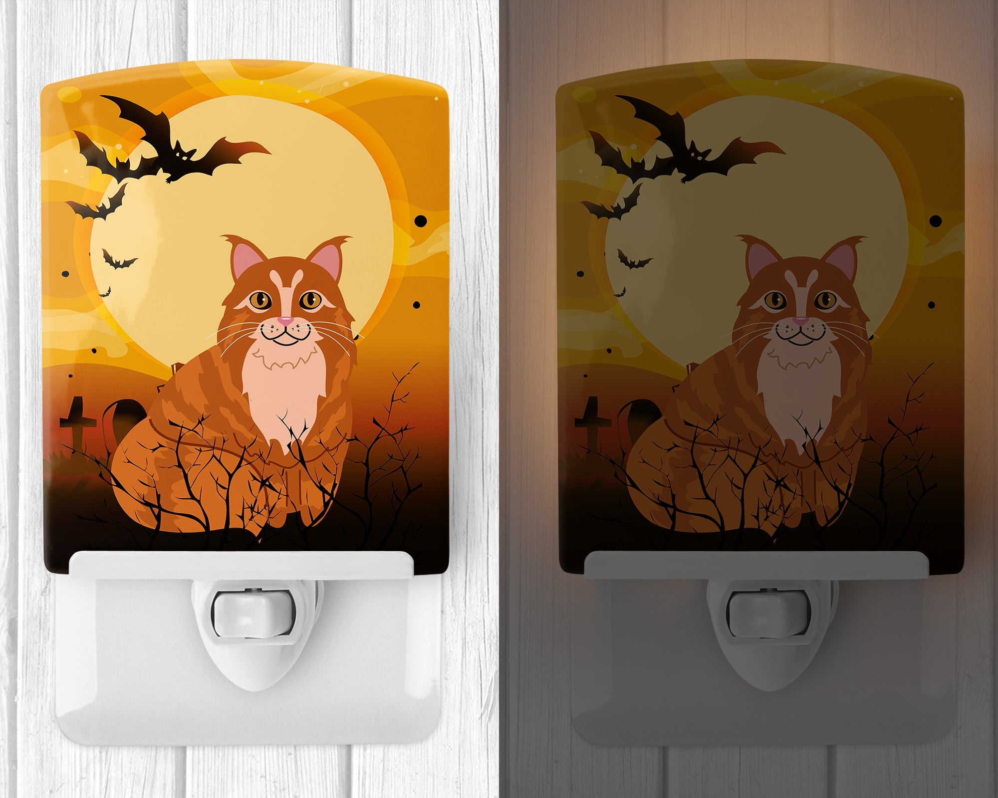Halloween Maine Coon Cat Ceramic Night Light Compact, UL-Certified, Ideal for Bedroom, Bathroom, Nursery, Hallway, Kitchen, 6x4x3, Multicolor