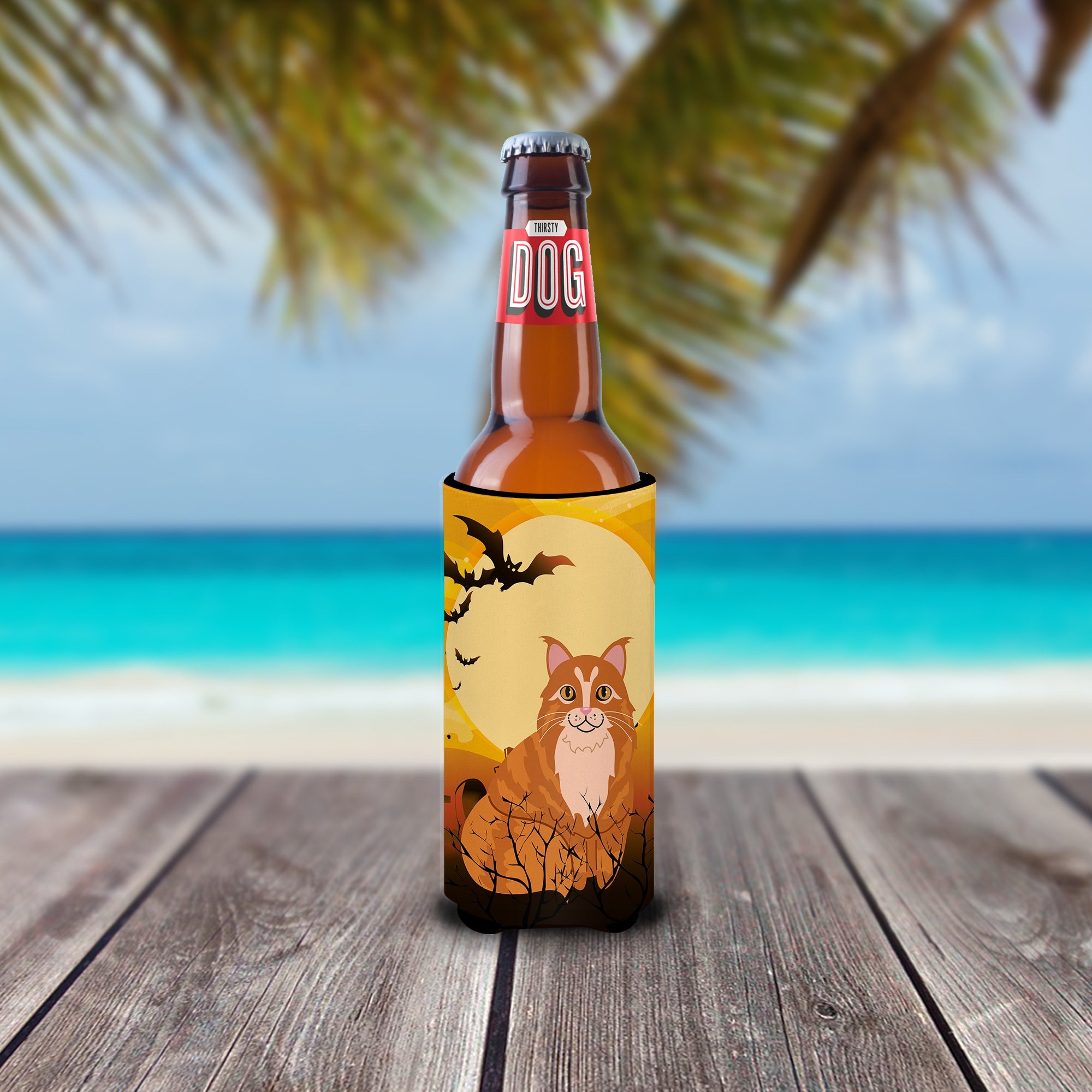 Halloween Maine Coon Cat Slim Can Hugger , Insulated Foam Hugger for 12 oz Slim Cans, Beer Bottles & Water Bottles, Printed in USA