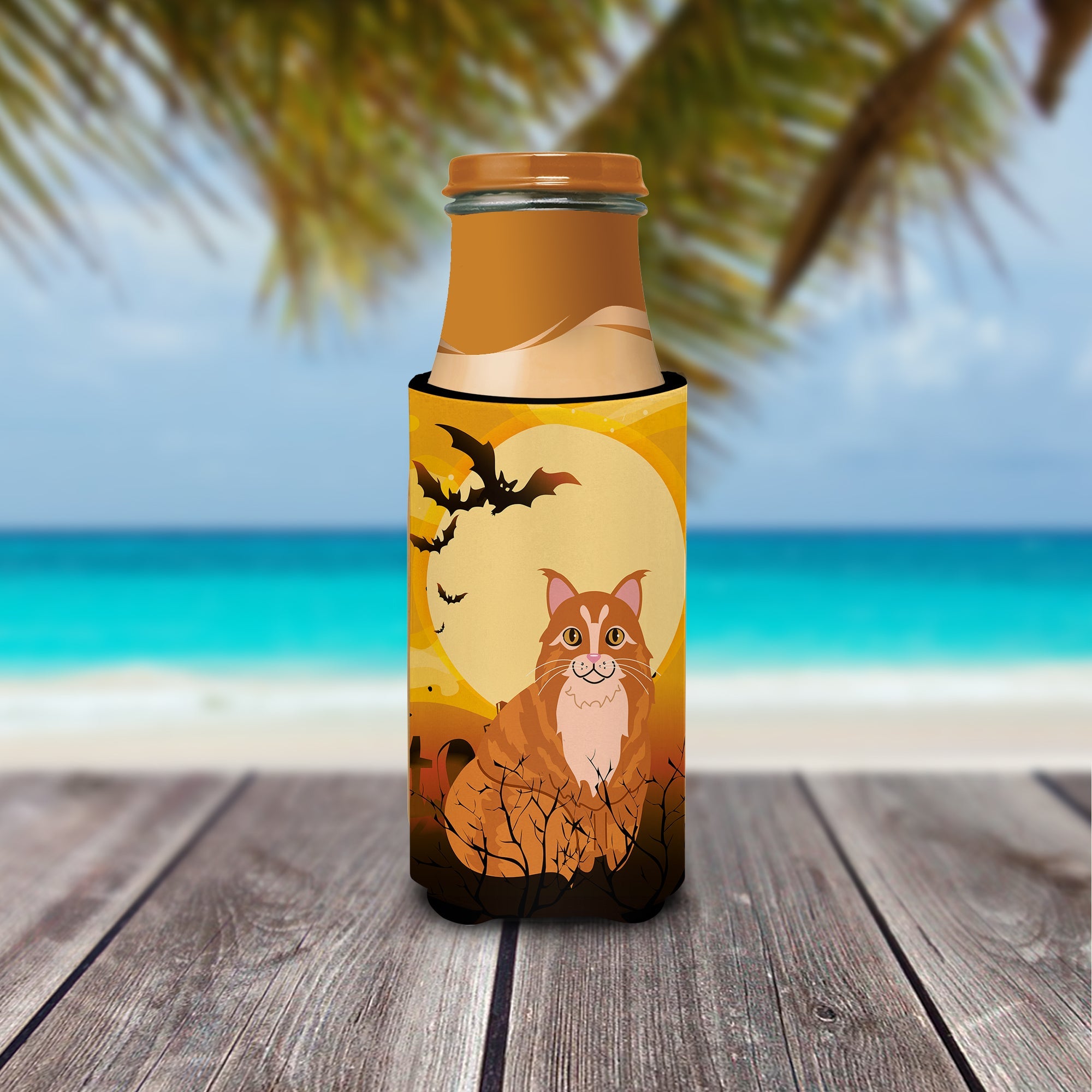 Halloween Maine Coon Cat Slim Can Hugger , Insulated Foam Hugger for 12 oz Slim Cans, Beer Bottles & Water Bottles, Printed in USA