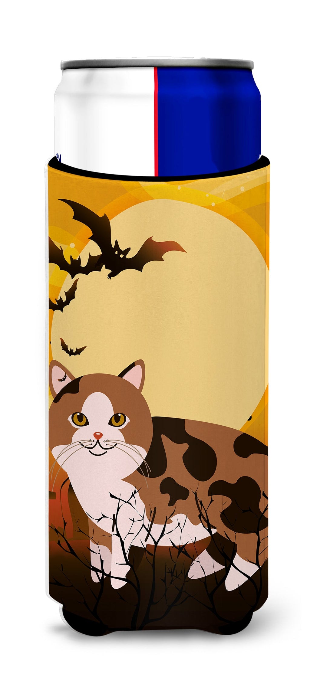 Halloween Manx Cat Slim Can Hugger , Insulated Foam Hugger for 12 oz Slim Cans, Beer Bottles & Water Bottles, Printed in USA