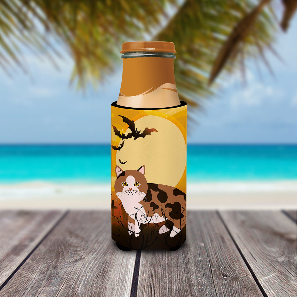 Halloween Manx Cat Slim Can Hugger , Insulated Foam Hugger for 12 oz Slim Cans, Beer Bottles & Water Bottles, Printed in USA