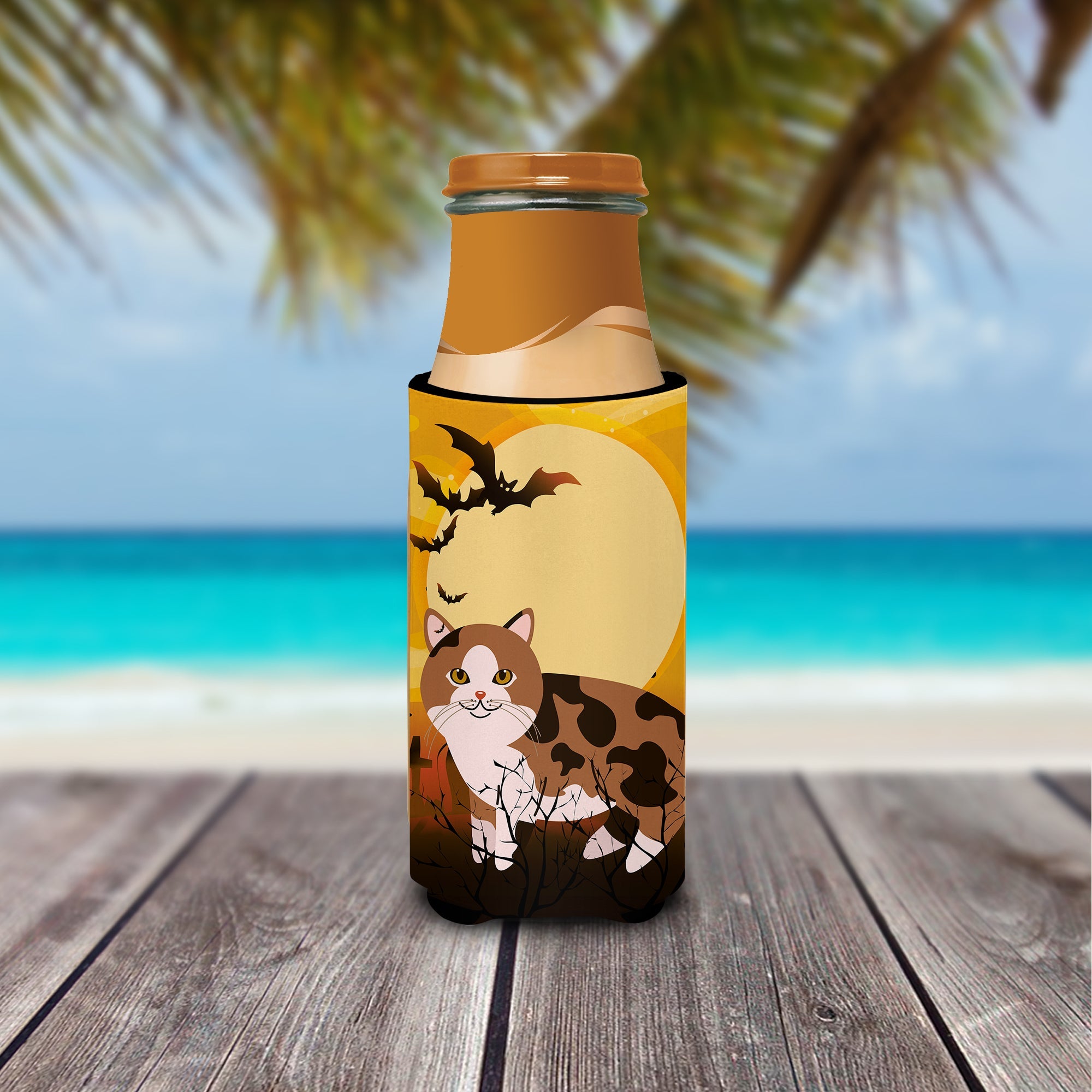 Halloween Manx Cat Slim Can Hugger , Insulated Foam Hugger for 12 oz Slim Cans, Beer Bottles & Water Bottles, Printed in USA