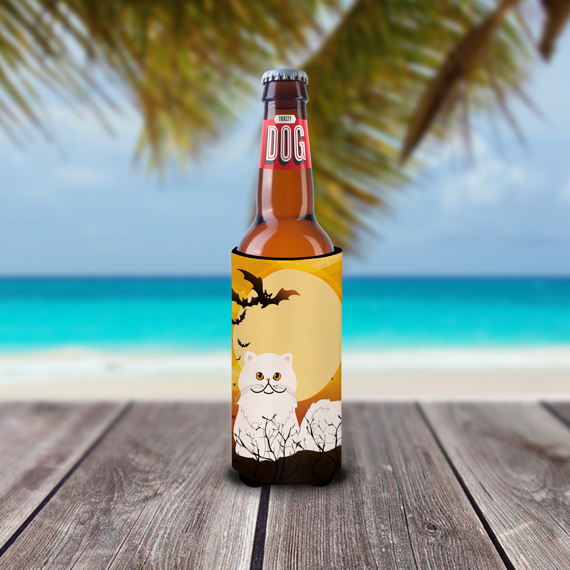 Halloween Persian Cat Slim Can Hugger , Insulated Foam Hugger for 12 oz Slim Cans, Beer Bottles & Water Bottles, Printed in USA