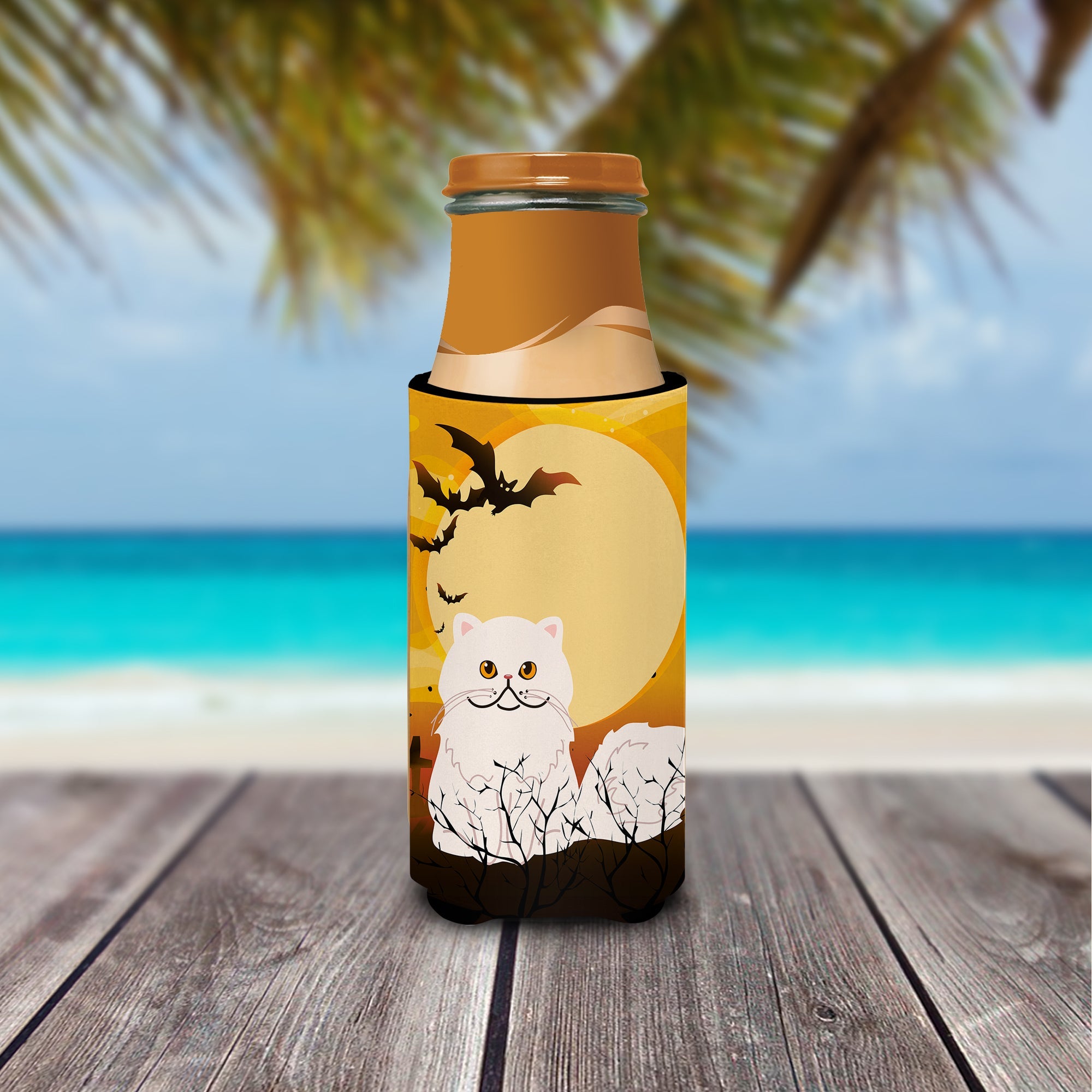 Halloween Persian Cat Slim Can Hugger , Insulated Foam Hugger for 12 oz Slim Cans, Beer Bottles & Water Bottles, Printed in USA