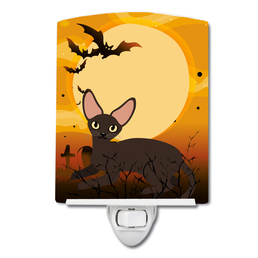Halloween Peterbald Cat Ceramic Night Light Compact, UL-Certified, Ideal for Bedroom, Bathroom, Nursery, Hallway, Kitchen, 6x4x3, Multicolor
