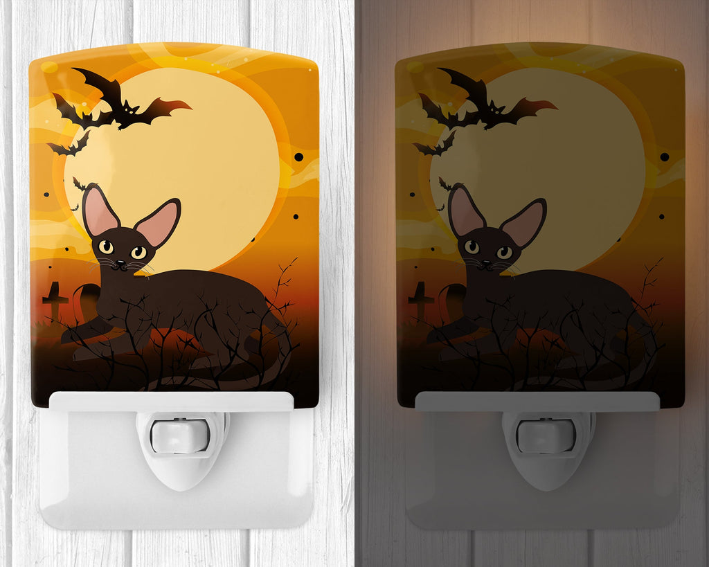 Halloween Peterbald Cat Ceramic Night Light Compact, UL-Certified, Ideal for Bedroom, Bathroom, Nursery, Hallway, Kitchen, 6x4x3, Multicolor