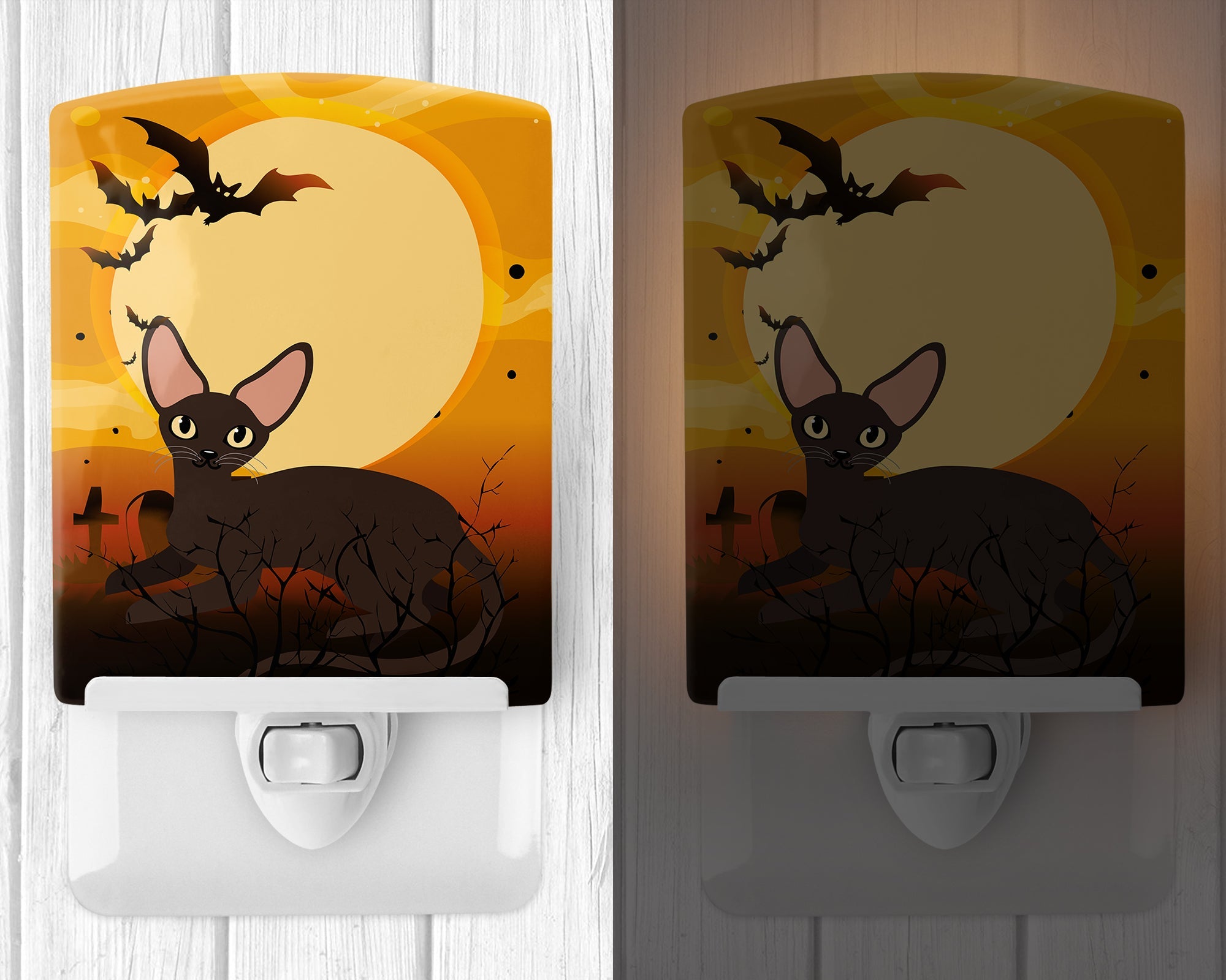 Halloween Peterbald Cat Ceramic Night Light Compact, UL-Certified, Ideal for Bedroom, Bathroom, Nursery, Hallway, Kitchen, 6x4x3, Multicolor