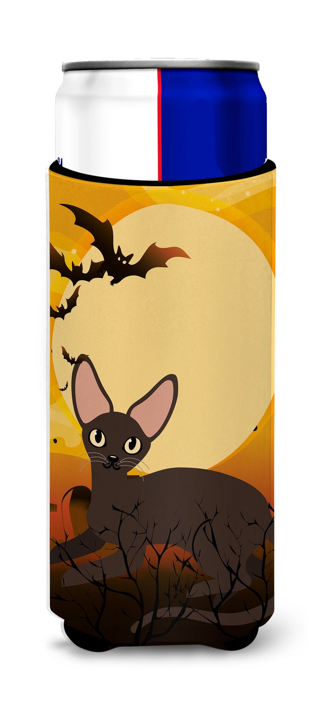 Halloween Peterbald Cat Slim Can Hugger , Insulated Foam Hugger for 12 oz Slim Cans, Beer Bottles & Water Bottles, Printed in USA