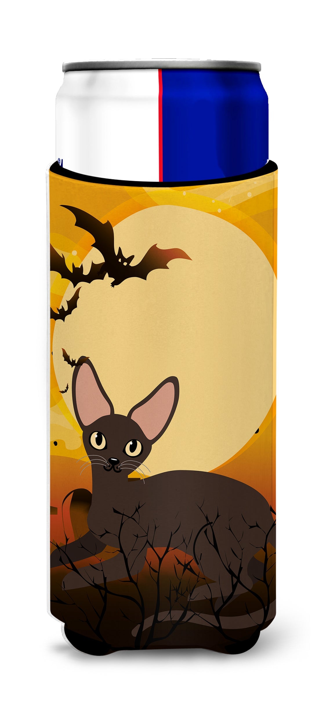 Halloween Peterbald Cat Slim Can Hugger , Insulated Foam Hugger for 12 oz Slim Cans, Beer Bottles & Water Bottles, Printed in USA