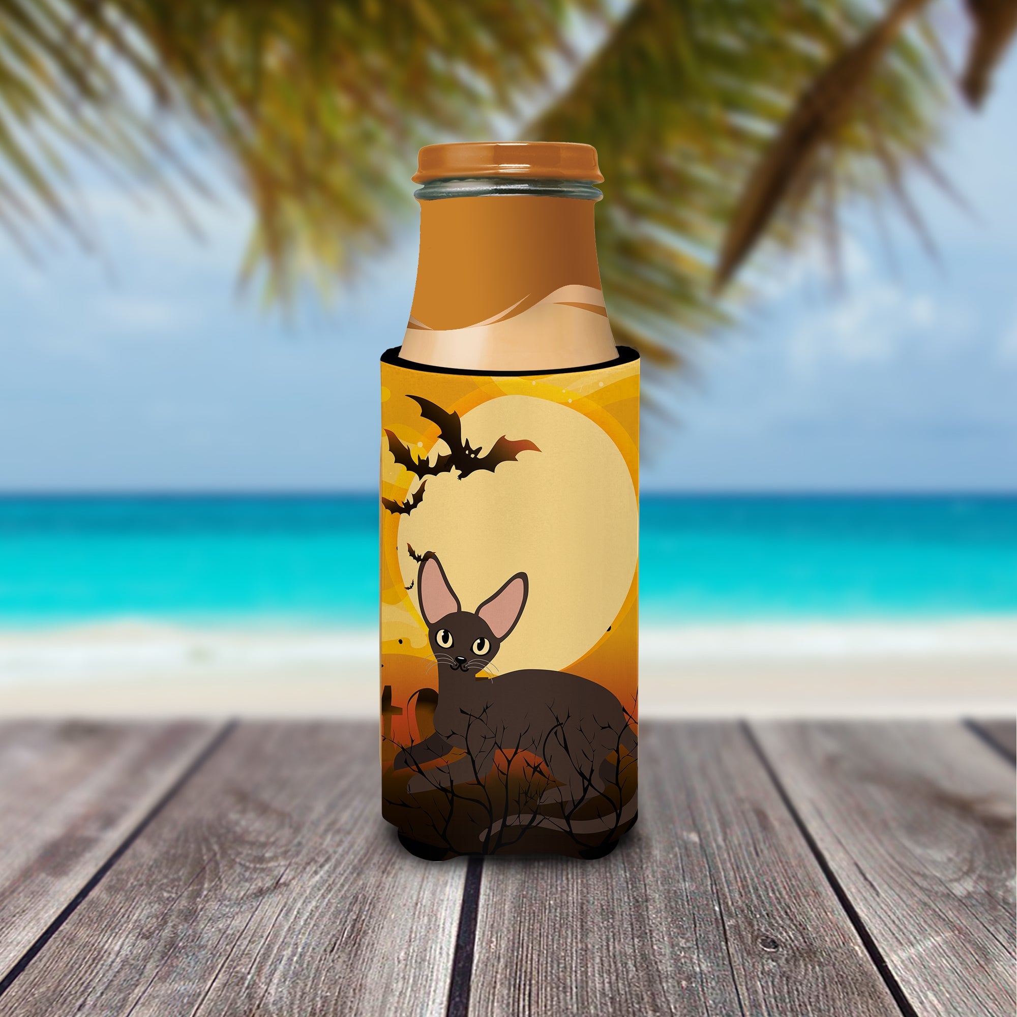 Halloween Peterbald Cat Slim Can Hugger , Insulated Foam Hugger for 12 oz Slim Cans, Beer Bottles & Water Bottles, Printed in USA