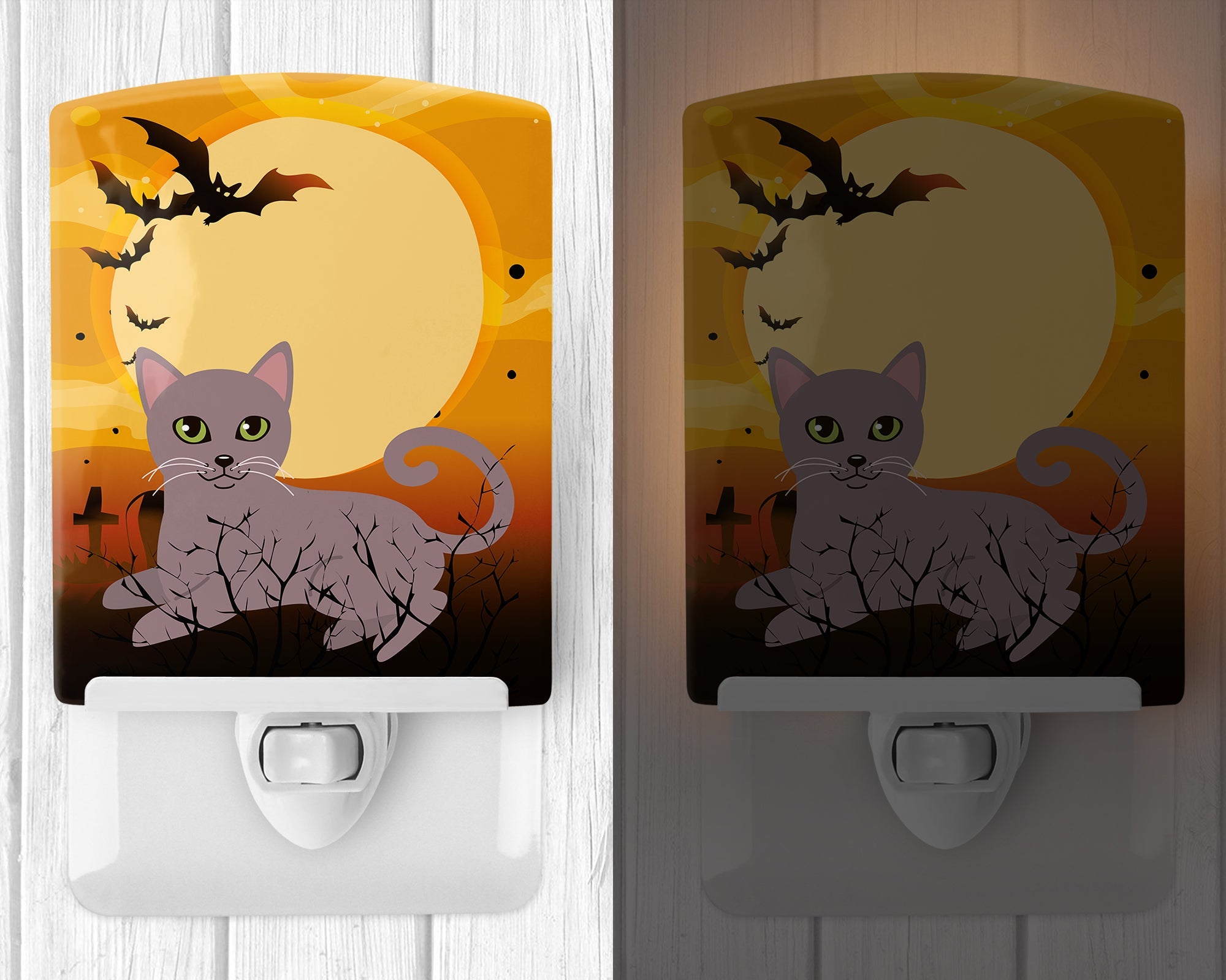 Halloween Russian Blue Cat Ceramic Night Light Compact, UL-Certified, Ideal for Bedroom, Bathroom, Nursery, Hallway, Kitchen, 6x4x3, Multicolor